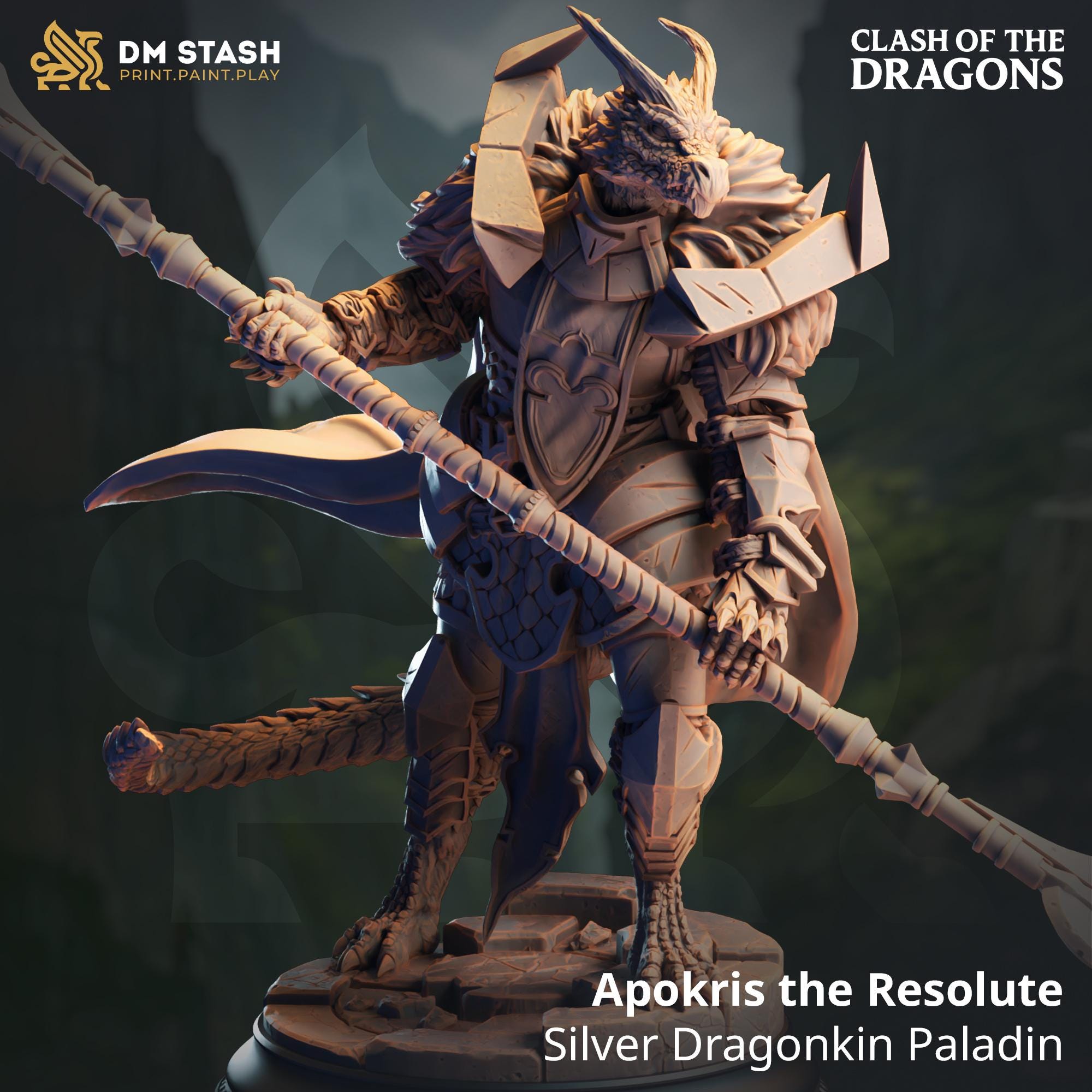 Apokis The Resolute | Dragonborn Knights Fighter Paladin | 32mm / 28mm / 75mm | Ideal for Tabletop RPGs | Dungeons and Dragons - Dm Stash