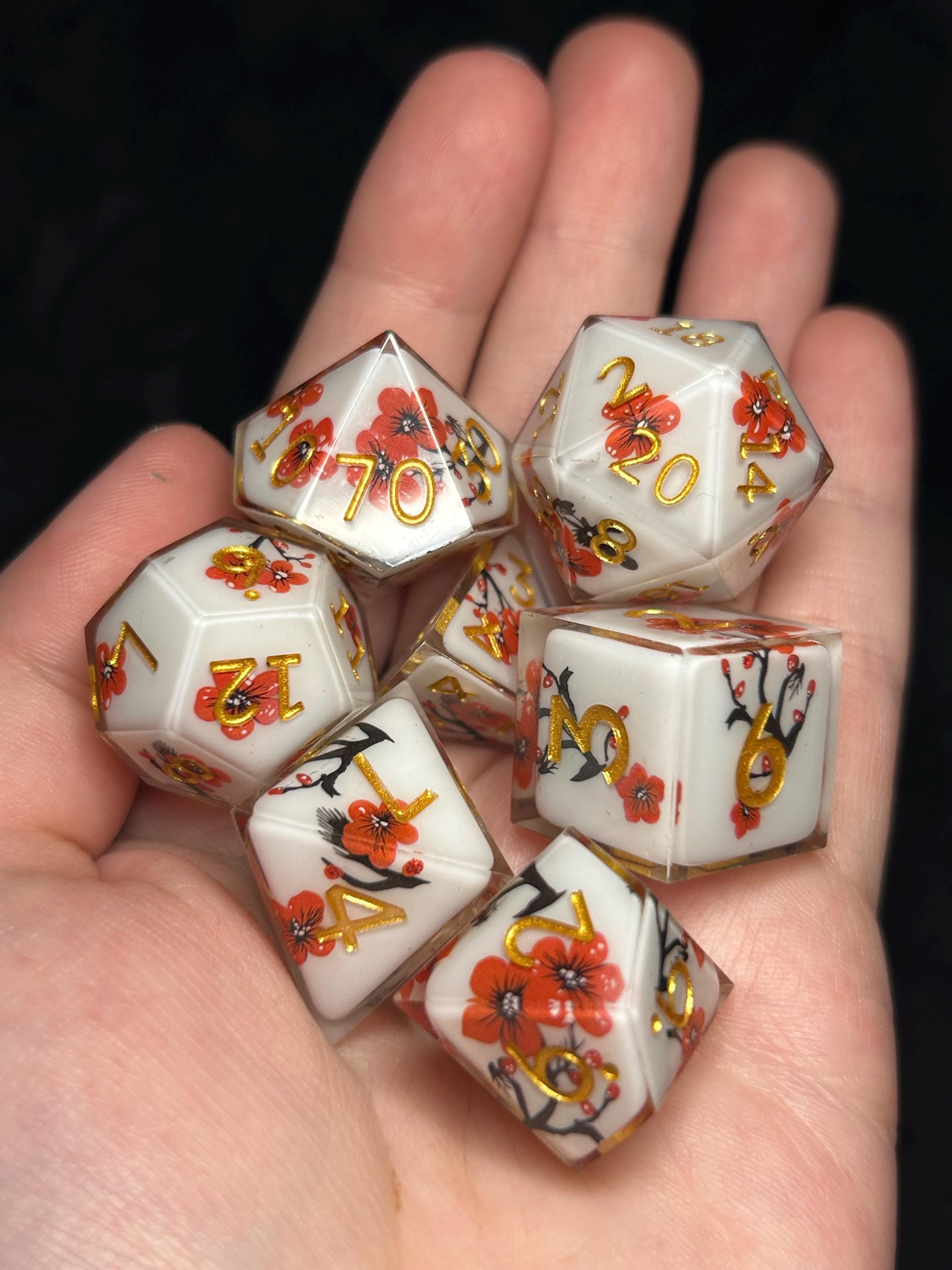 Crimson Blossom Court | Luxury Sharp Edge DnD Dice Set | White Sakura Floral Resin Dice with Gold Ink | Premium 7pc RPG Dice for D&D TTRPGS