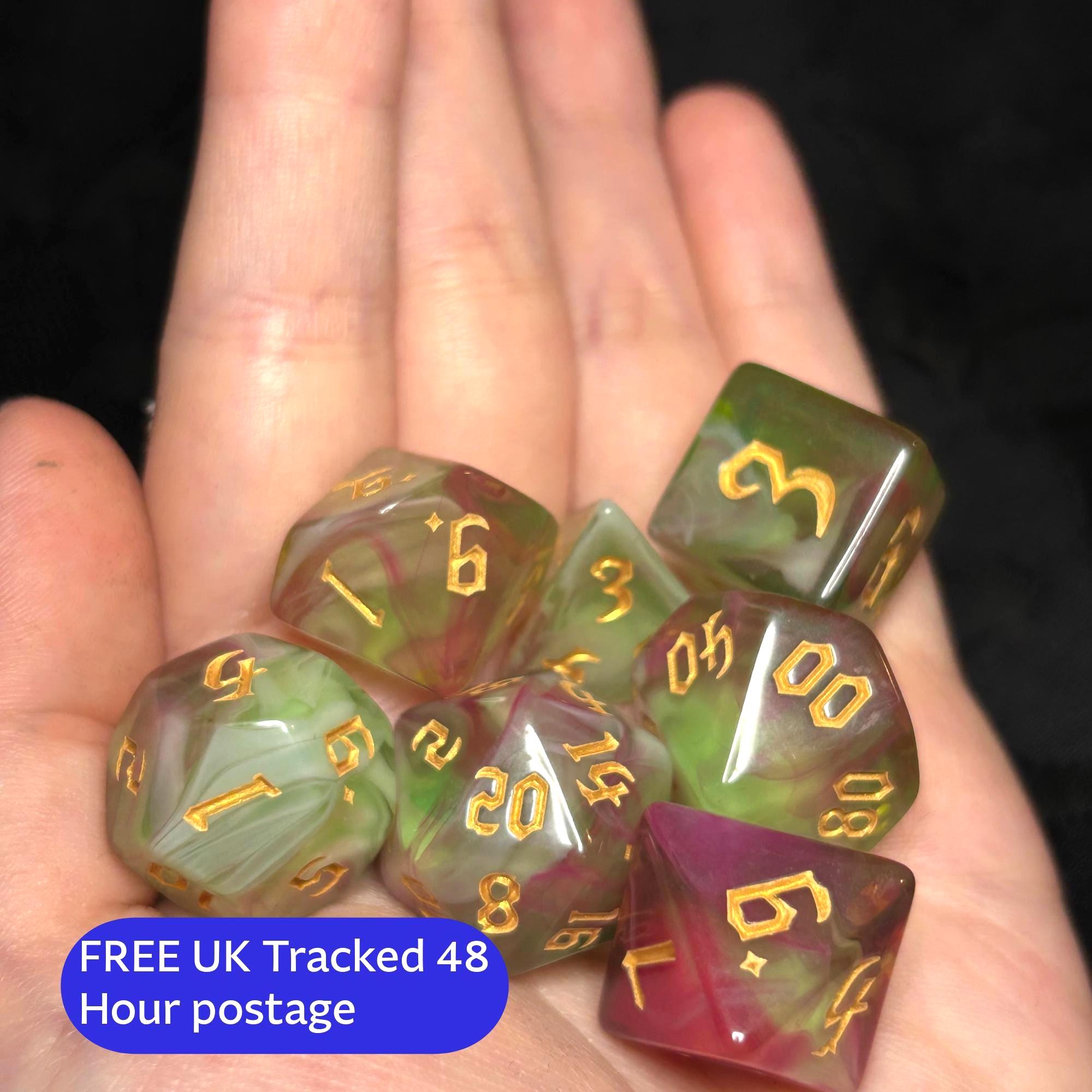 Strawberry Matcha | Green & Pink Matcha-Inspired DnD Dice Set | 7pc Resin TTRPG Dice | Cottagecore Dice for Dungeons and Dragons, RPG Gift