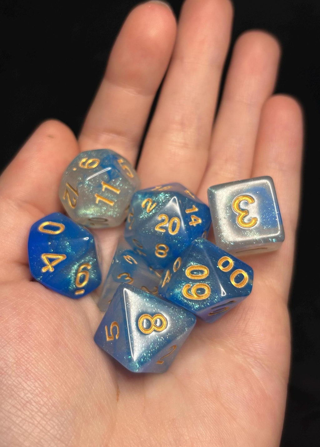 Frostveil Sky | Ice Blue Glitter DnD Dice Set | 7pc Sparkly RPG Dice | Pastel Snow Dice for Dungeons and Dragons, Pathfinder, TTRPG Gift