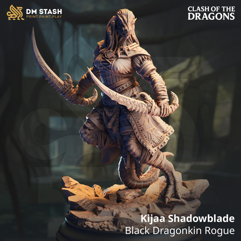 Kijaa Shadowblade | Dragonborn Rogue Fighter | 32mm / 28mm / 75mm | Ideal for Tabletop RPGs | Dungeons and Dragons - Dm Stash