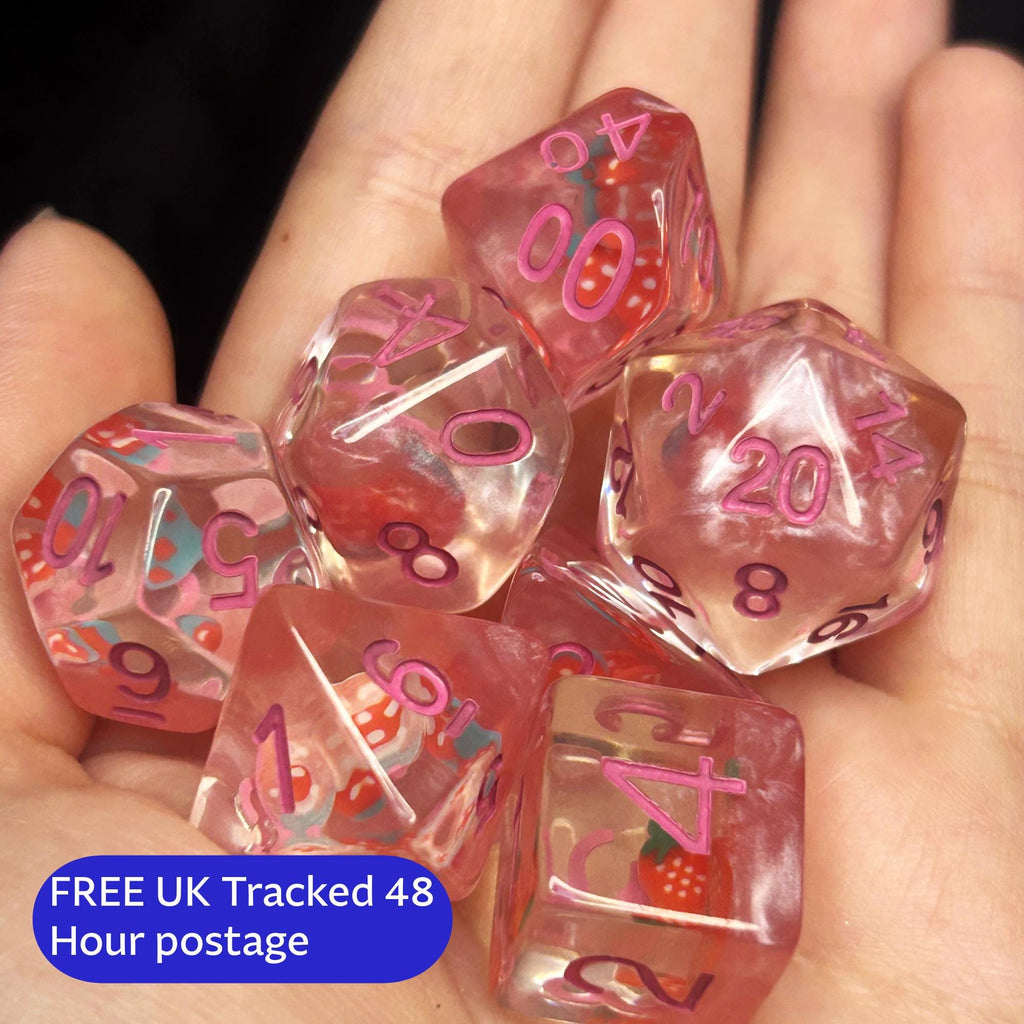 Strawberry Spellcake Dice Set | Pink Embedded Fruit Polyhedral RPG Dice