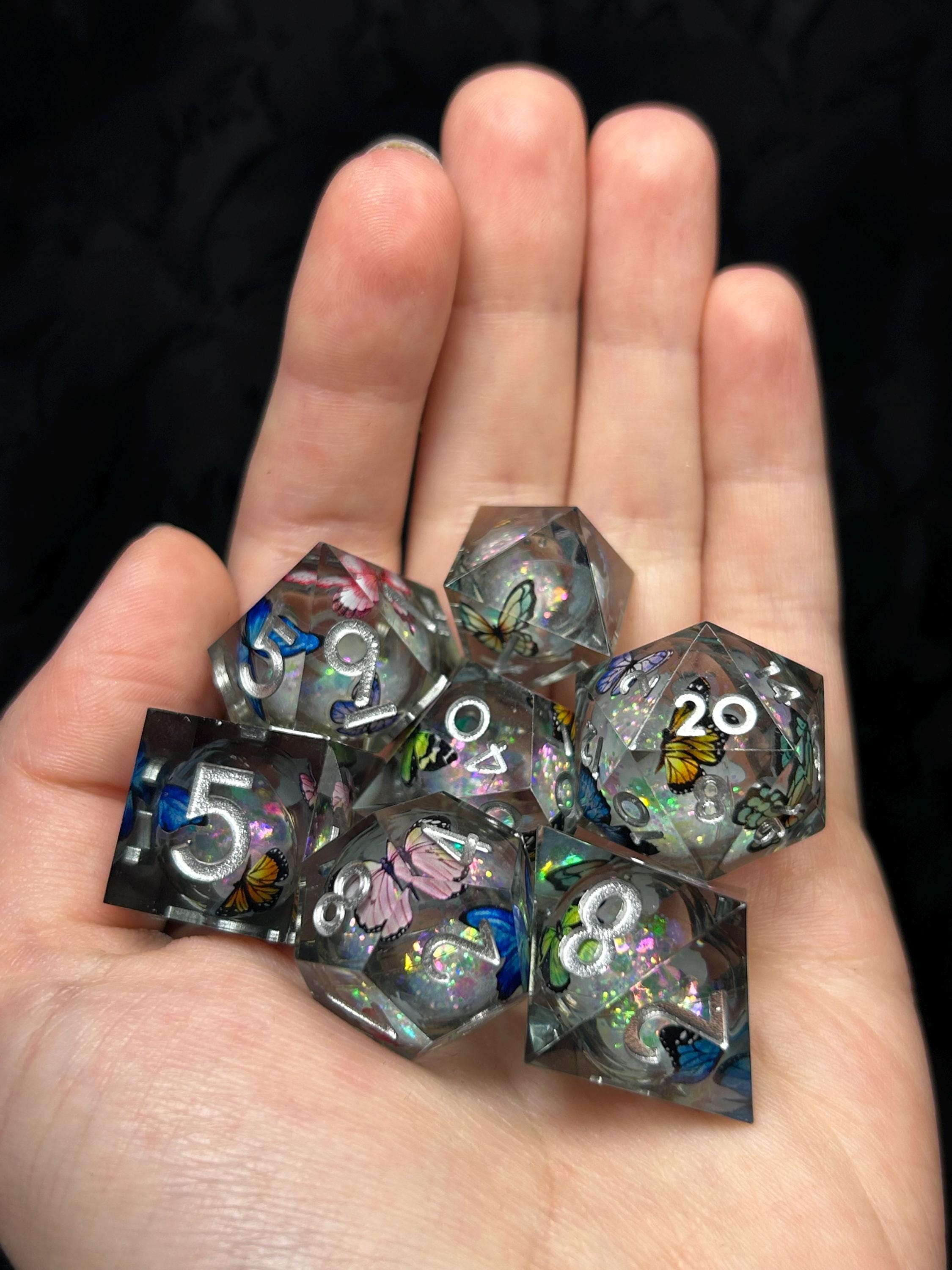 Butterflies of the Moon Court | Liquid Core Sharp-Edge D&D Dice Set | Fantasy Butterfly Dice | Glitter Core RPG Polyhedral Dice For TTRPGs