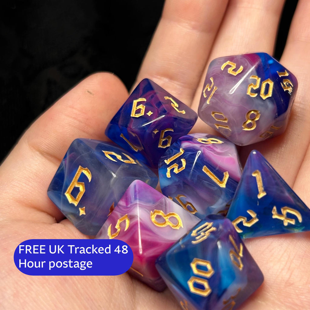 Starlight Mirage | Pink Purple Blue Swirl DnD Dice Set | 7pc Resin RPG Dice | Magical Sorcerer Dice for Dungeons and Dragons, TTRPG Gift