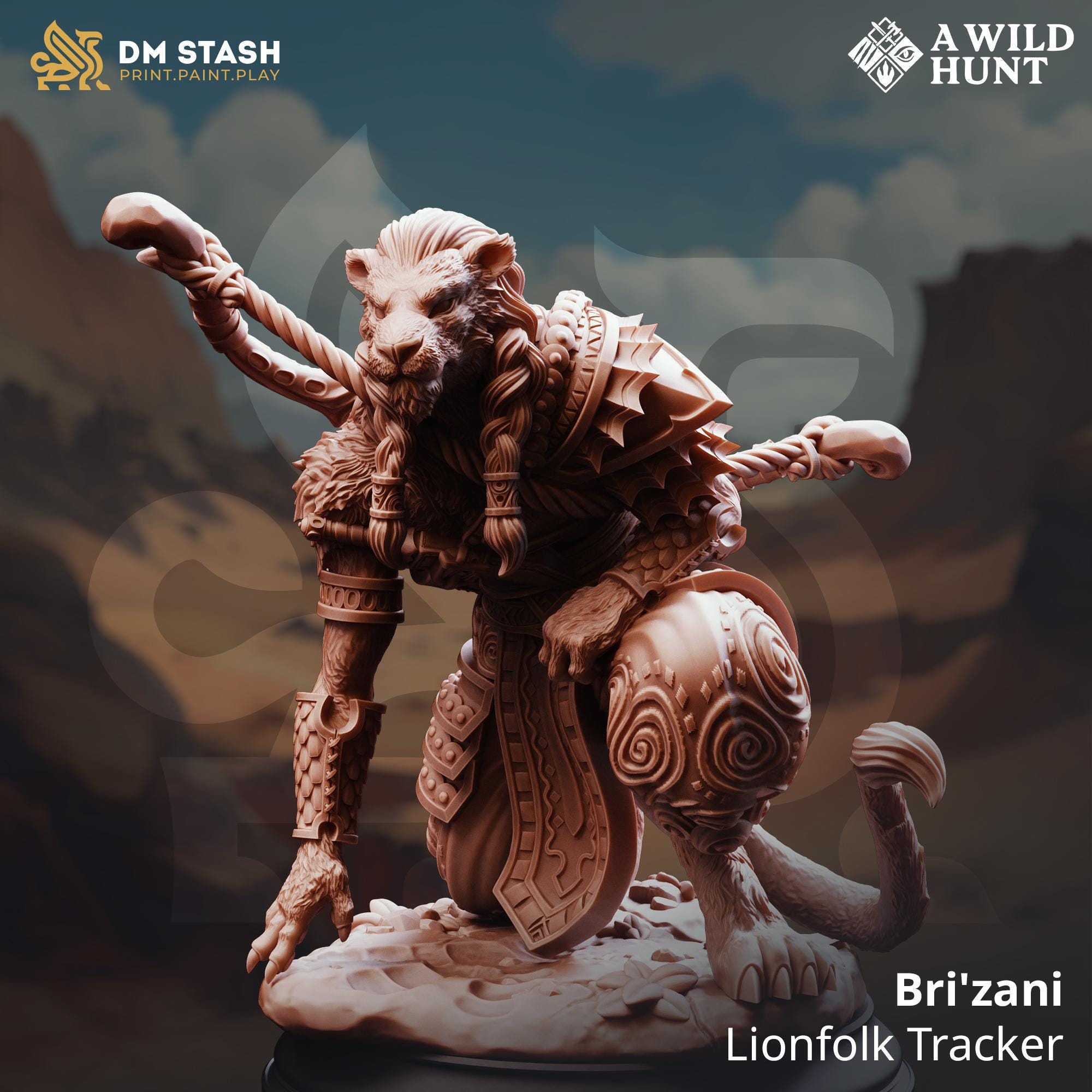 Bri Zani | Lionfolk Fighter Ranger Hunter | 32mm / 28mm / 75mm | Ideal for Tabletop RPGs | Dungeons and Dragons - Dm Stash