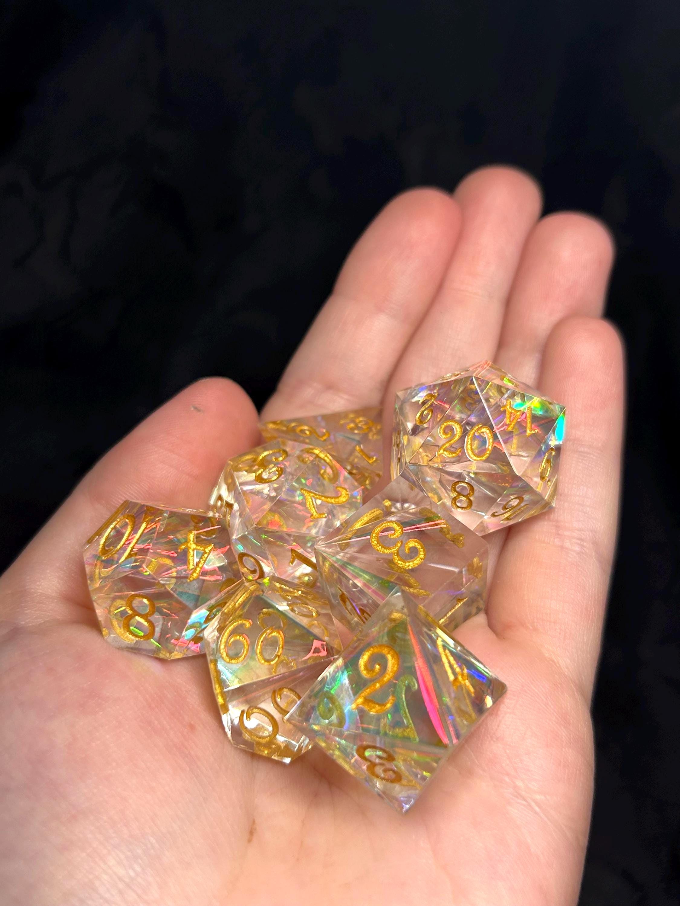 Starlight Prism | Sharp Edge DnD Dice Set | Luxury Iridescent Crystal Resin Dice with Gold Ink | Premium 7pc RPG Dice for D&D and TTRPGs