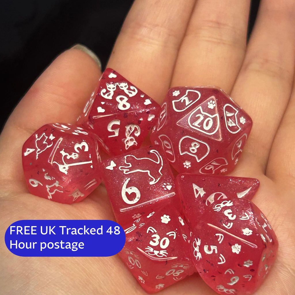 Rosepaw Familiar Pink Cat Dice Set | D&D RPG Polyhedral Dice, Paw Print Charm Meeples