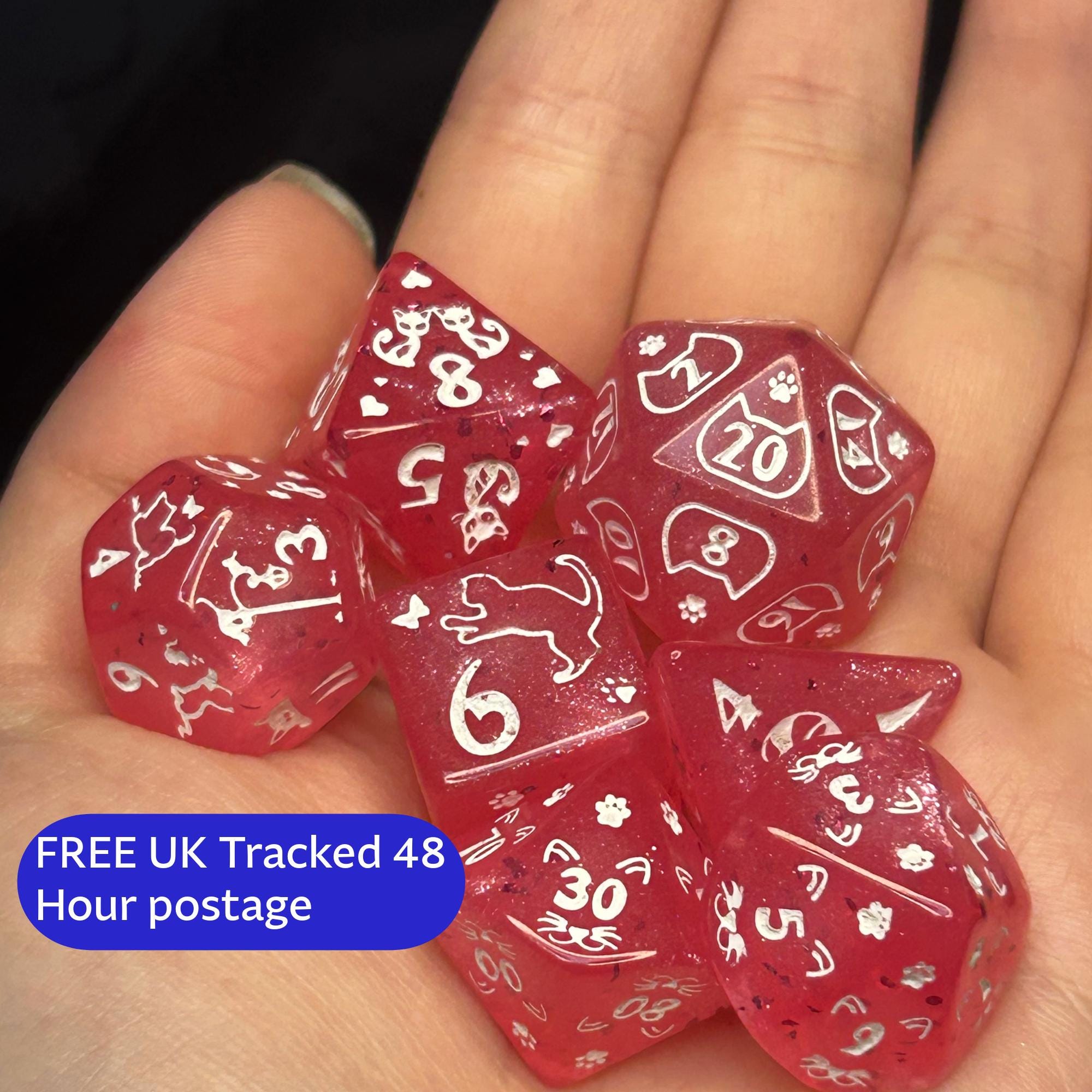 Rosepaw Familiar Pink Cat Dice Set | D&D RPG Polyhedral Dice, Paw Print Charm Meeples