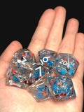 Sakura Moonstream | Liquid Core Sharp-Edge D&D Dice Set | Blue Glitter Core | Cherry Blossom Fantasy Dice | RPG Polyhedral Set
