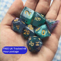 Dreamtide Veil | Galaxy Ocean Swirl DnD Dice Set | 7pc Glitter Dice for Dungeons and Dragons, Pathfinder, TTRPG | Blue Purple Dice Set