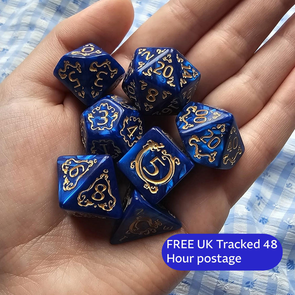 Sapphire Sigils Dice Set | Royal Blue Gold Ornate Acrylic RPG Dice