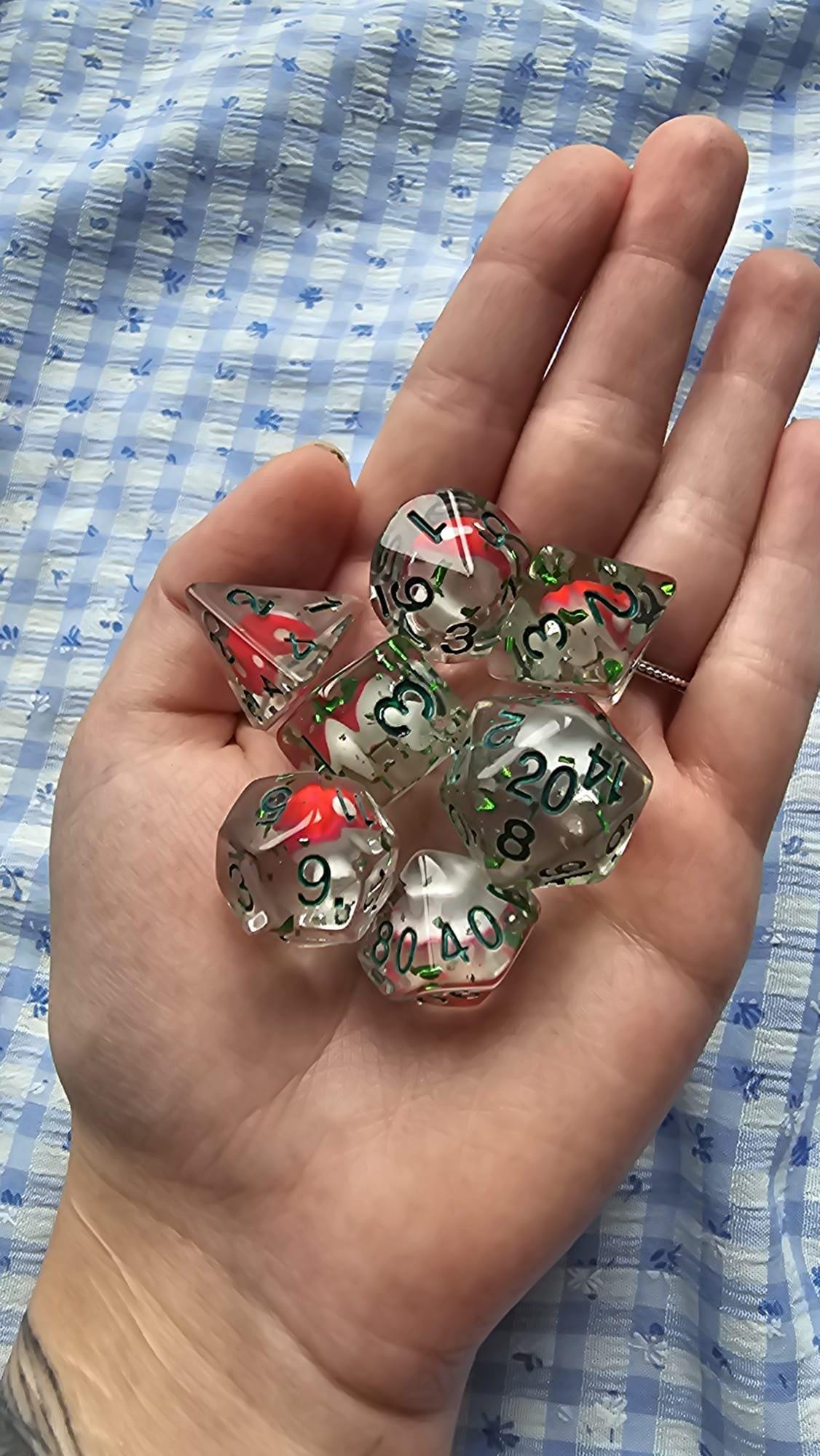 Feywild Forage | Clear DnD Dice Set with Mini Mushrooms | 7pc RPG Dice | Cottagecore Dice for Dungeons and Dragons, Pathfinder, TTRPG Gift