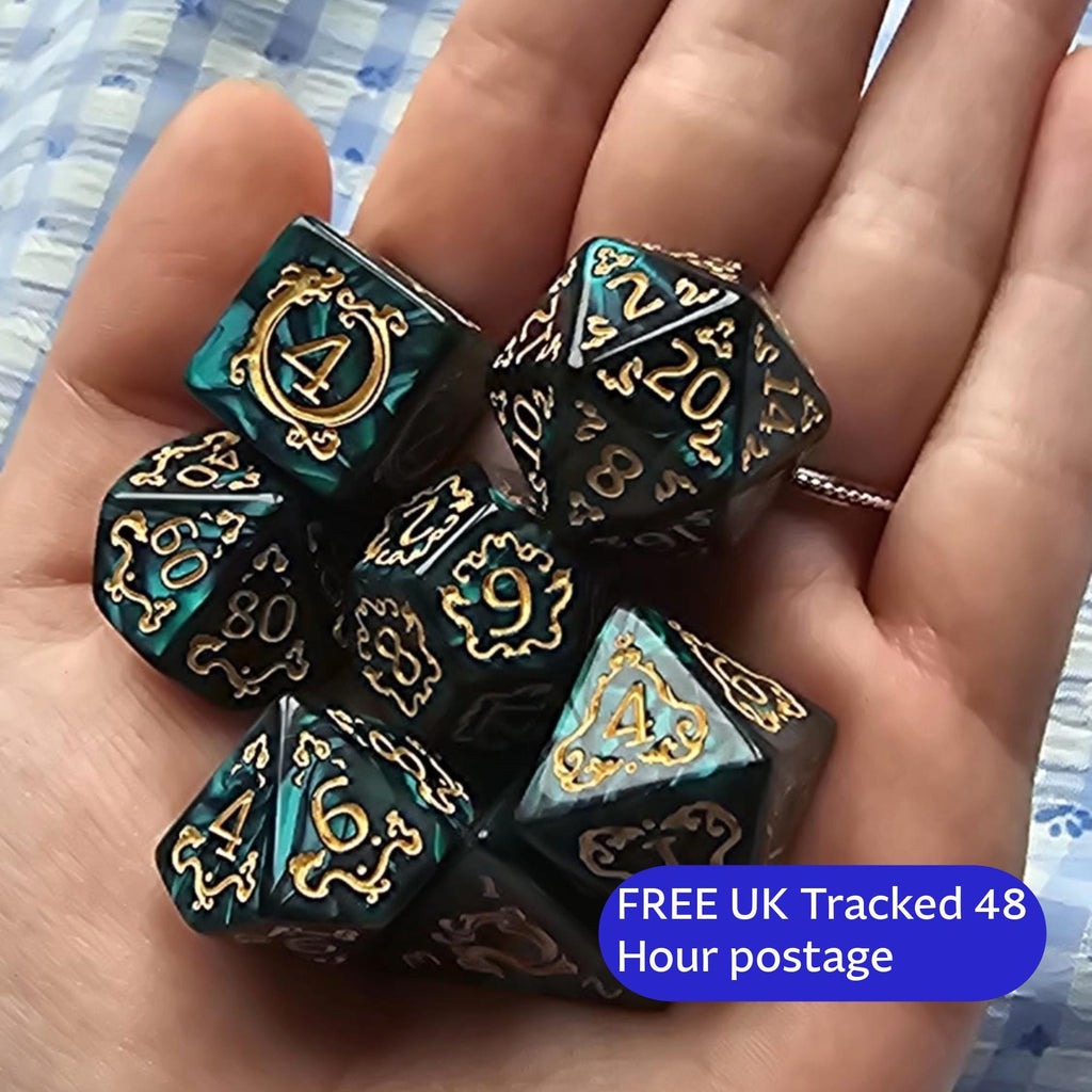 Emerald Enigma | Green & Gold DnD Dice Set | 7pc RPG Dice | Ornate Dice for Dungeons and Dragons, Pathfinder, TTRPG Gift