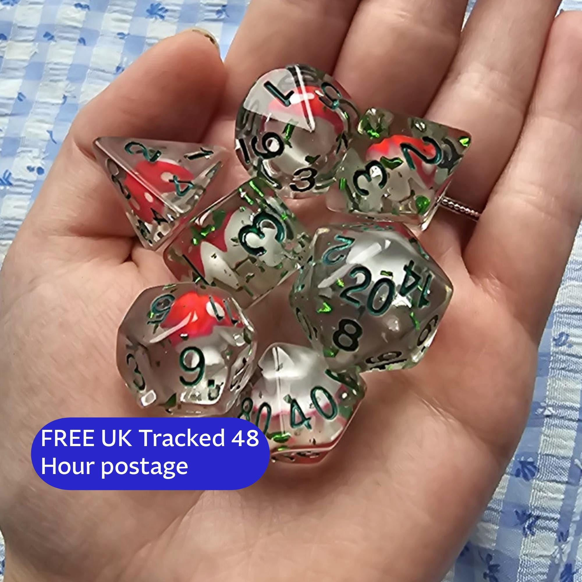 Feywild Forage | Clear DnD Dice Set with Mini Mushrooms | 7pc RPG Dice | Cottagecore Dice for Dungeons and Dragons, Pathfinder, TTRPG Gift