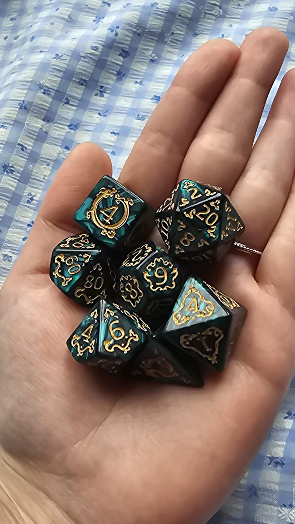 Emerald Enigma | Green & Gold DnD Dice Set | 7pc RPG Dice | Ornate Dice for Dungeons and Dragons, Pathfinder, TTRPG Gift