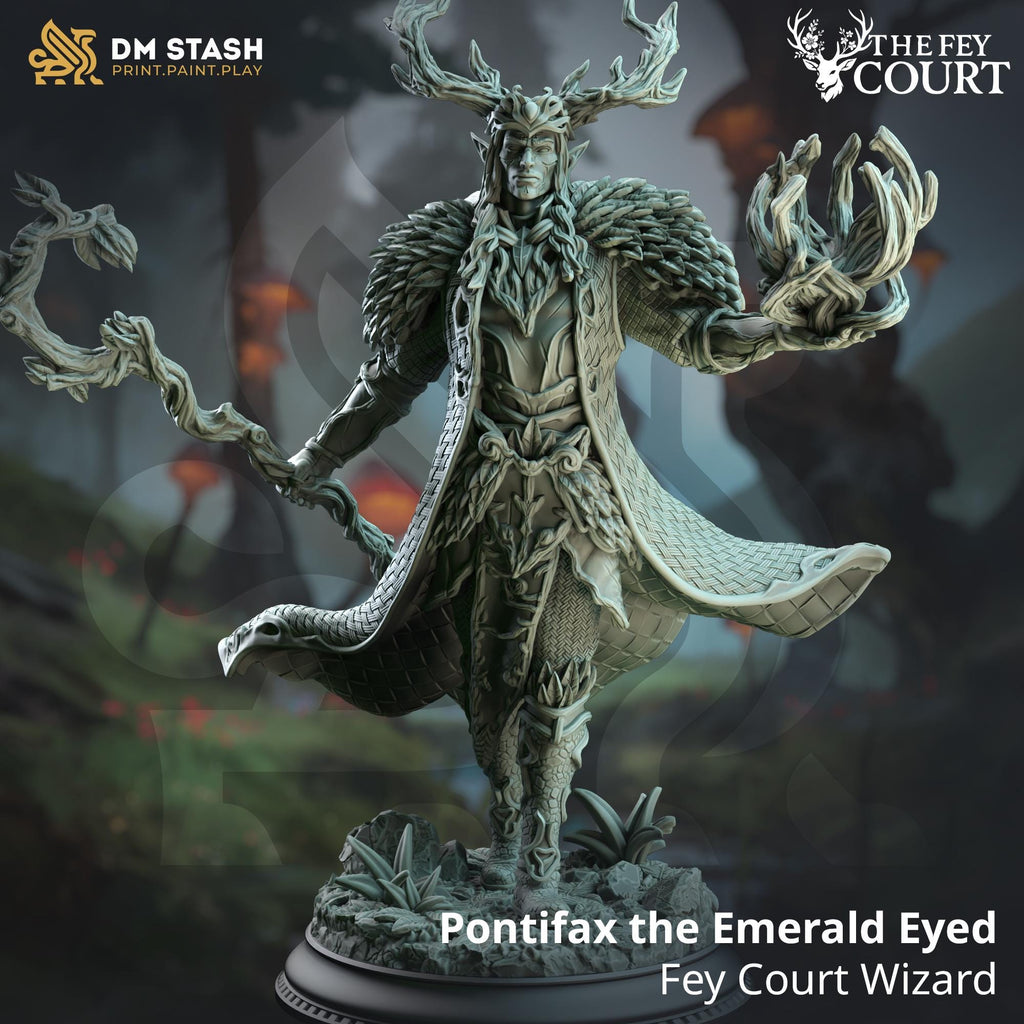 Pontifrax The Emerald Eyed | Elf Wizard Archfey | 32mm / 28mm / 75mm | Ideal for Tabletop RPGs | Dungeons and Dragons - Dm Stash