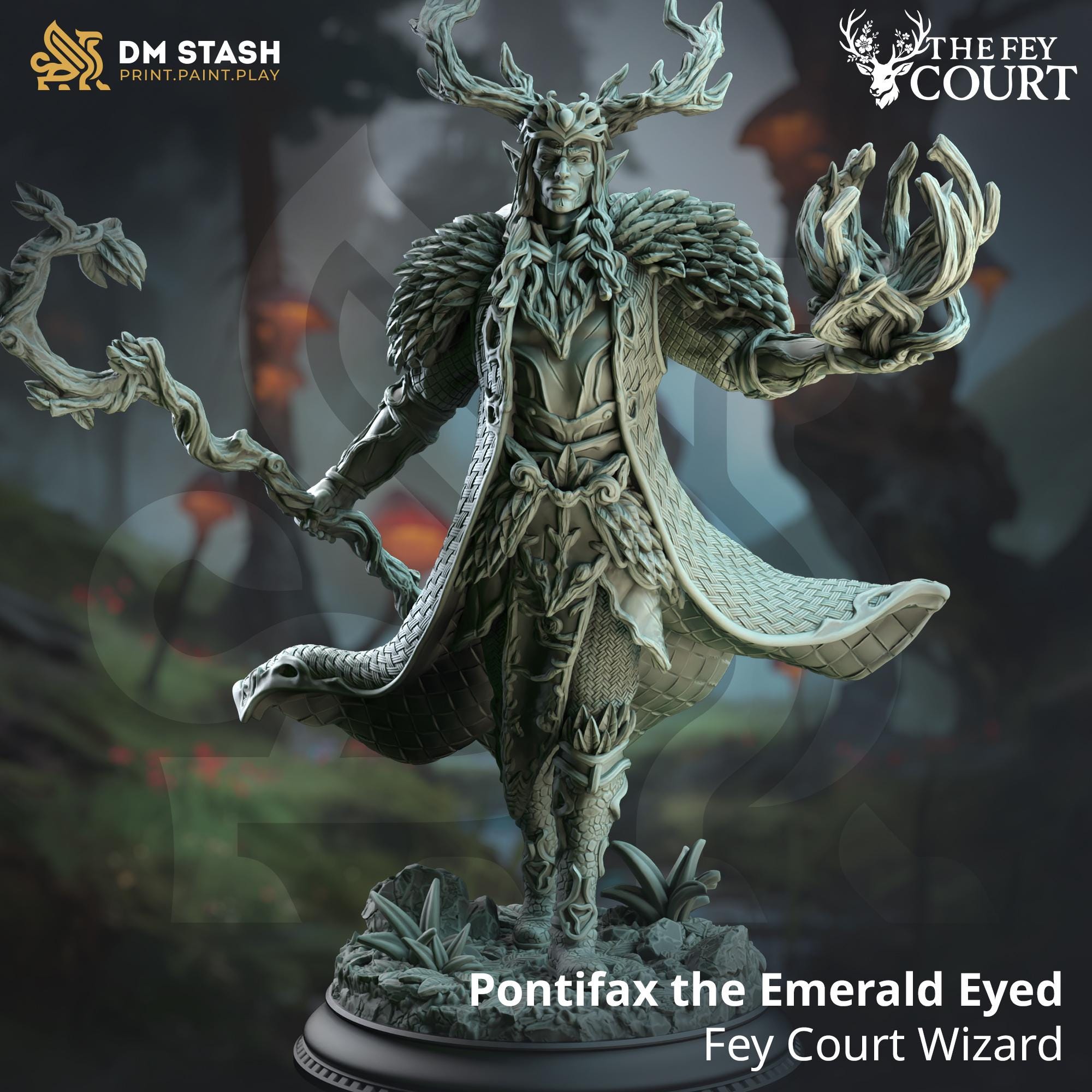 Pontifrax The Emerald Eyed | Elf Wizard Archfey | 32mm / 28mm / 75mm | Ideal for Tabletop RPGs | Dungeons and Dragons - Dm Stash