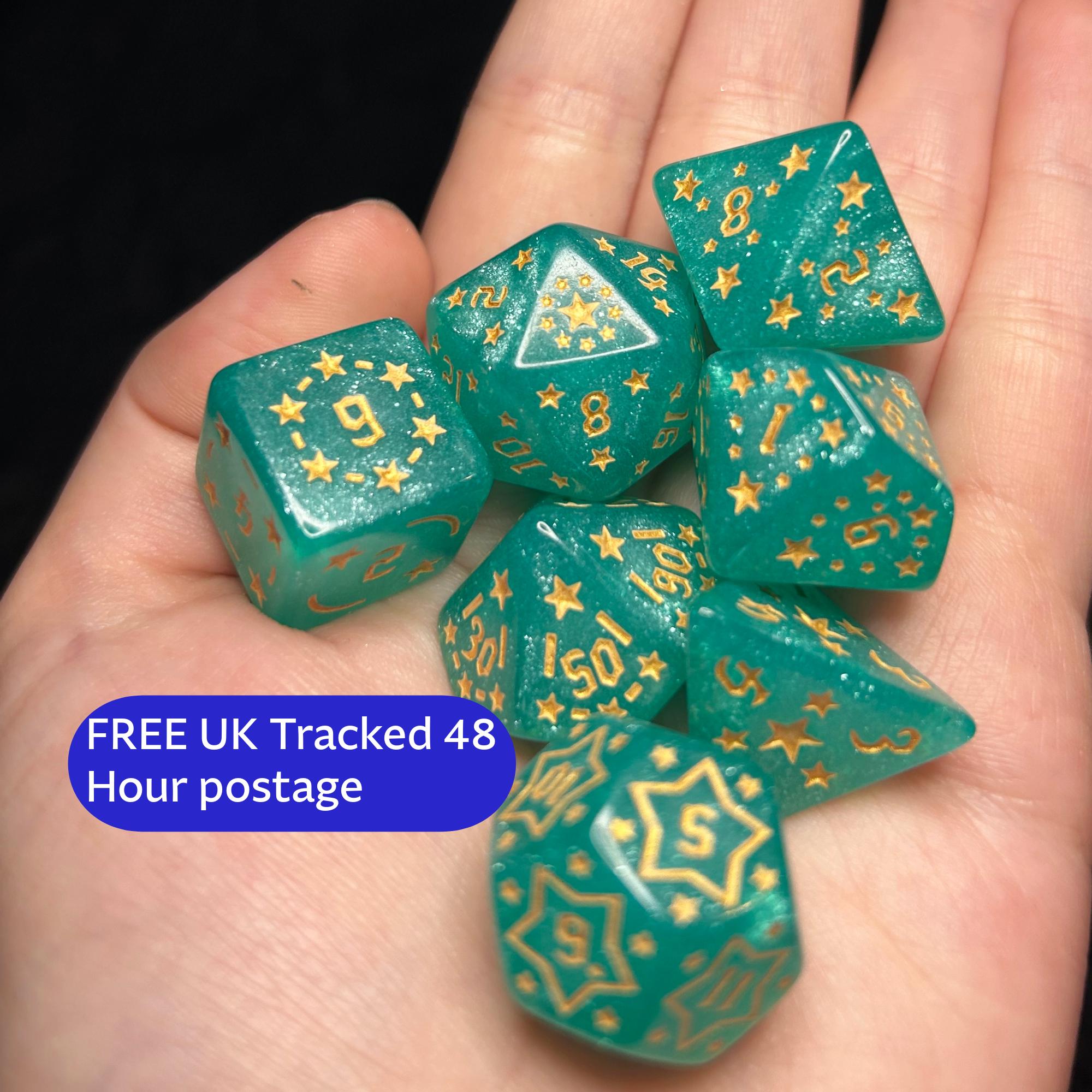 Starfall Academy | Teal Star DnD Dice Set | 7pc Sparkle Dice for Dungeons and Dragons | Celestial TTRPG Dice | Wizard School Gift Set