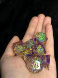 The Gilded Veil Of The Archfey Dice Set | Fairy Lavender Iridescent Sharp Edge D&D Dice with Gold Flake | Luxury Fantasy RPG Dice For TTRPGs