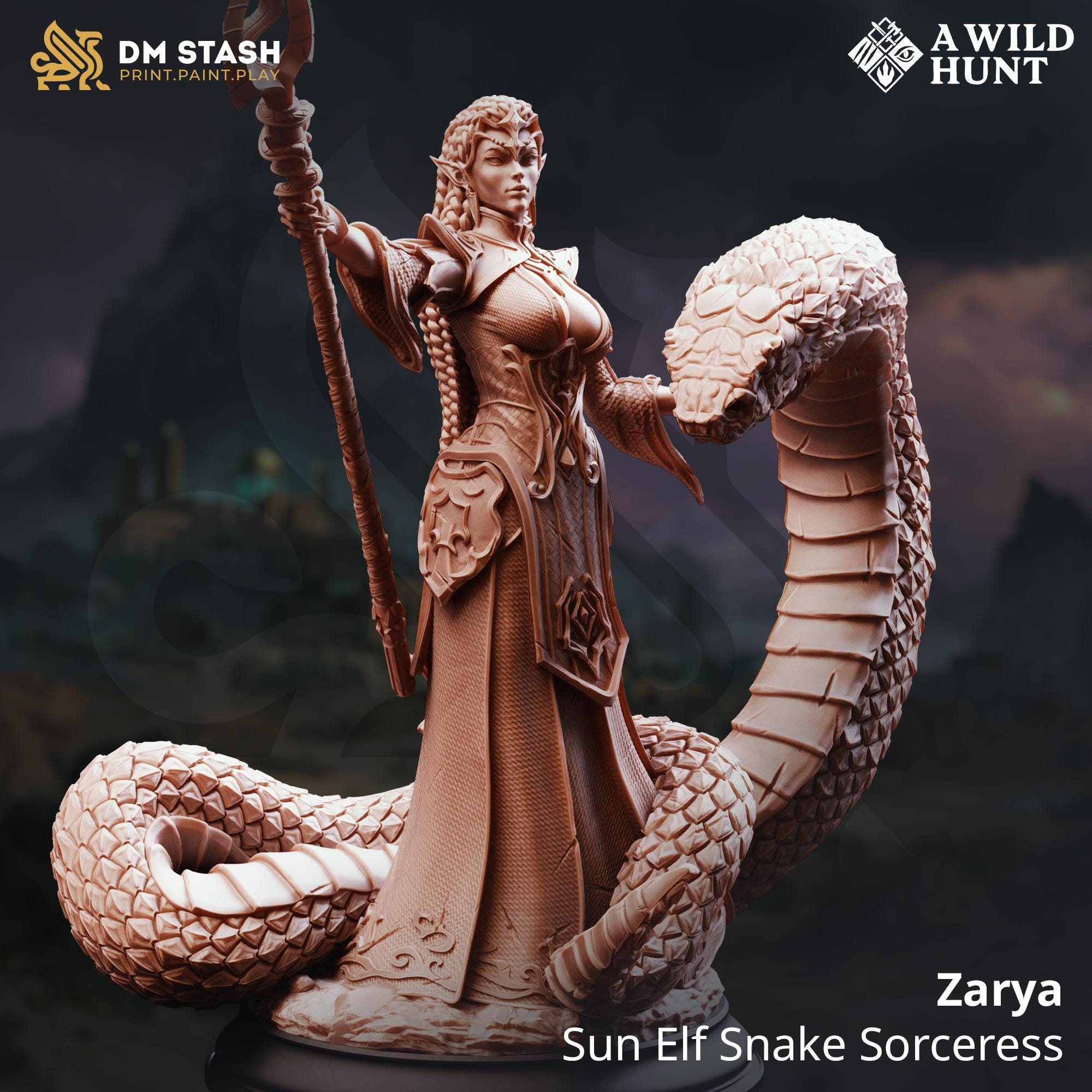 Zarya Snake Sorceress | Female Sun Elf Mage Wizard Sorcerer| 32mm / 28mm / 75mm | Ideal for Tabletop RPGs | Dungeons and Dragons - Dm Stash