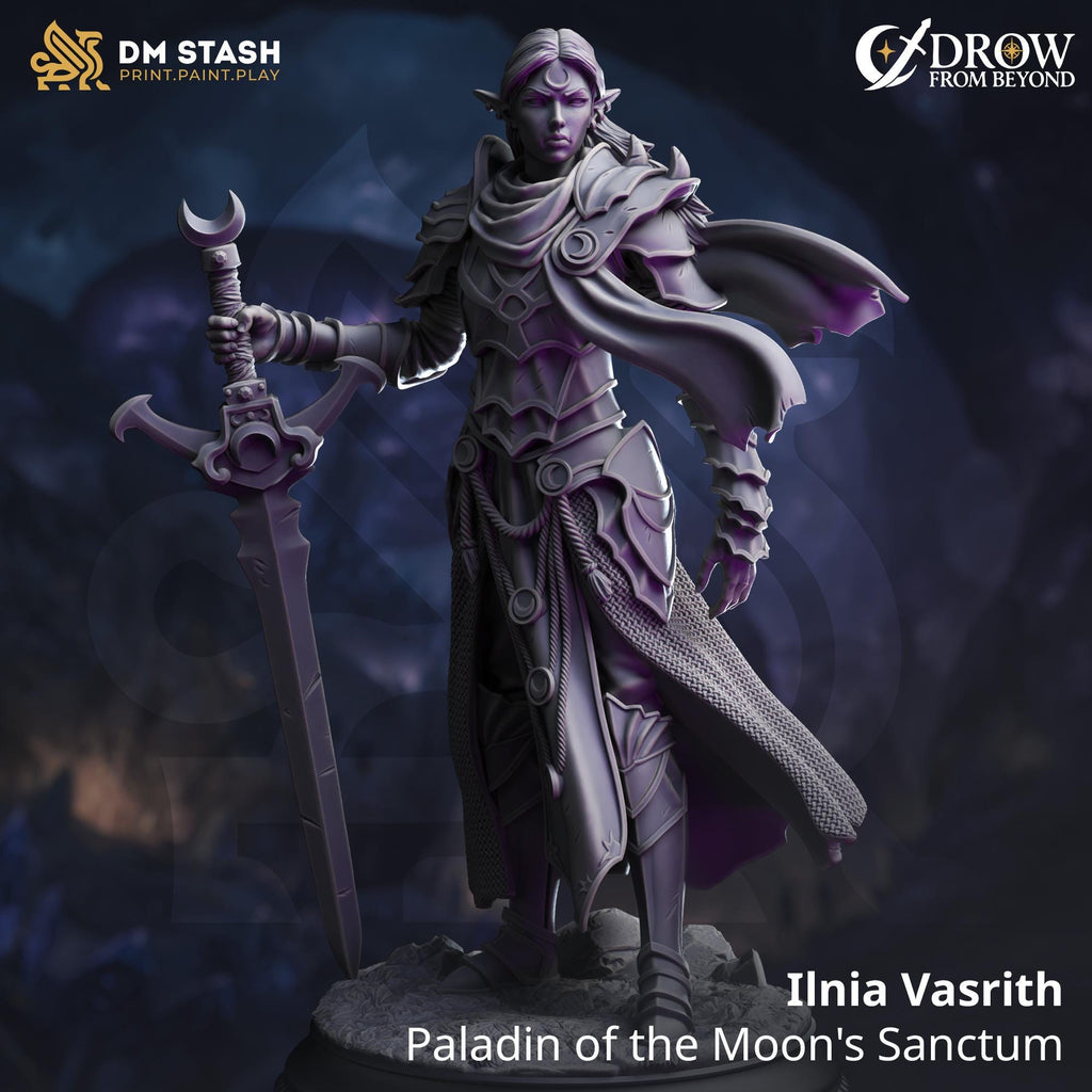 Ilnia Vasrith | Female Drow Dark Elf Paladin Fighter | 32mm / 28mm / 75mm | Ideal for Tabletop RPGs | Dungeons and Dragons - Dm Stash