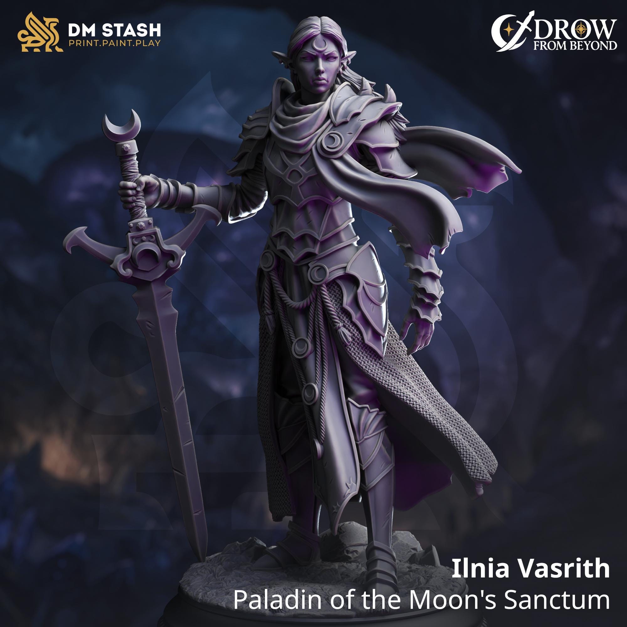 Ilnia Vasrith | Female Drow Dark Elf Paladin Fighter | 32mm / 28mm / 75mm | Ideal for Tabletop RPGs | Dungeons and Dragons - Dm Stash