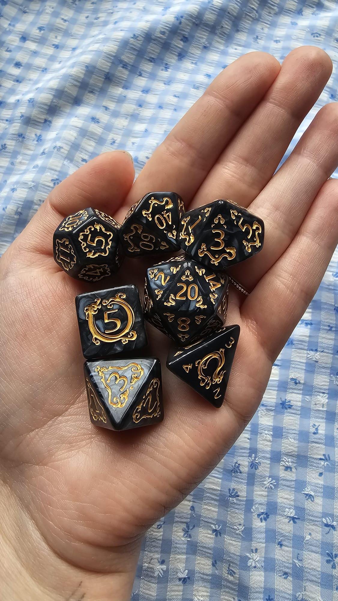 Obsidian Oaths D&D Dice Set | Black Gold Ornate RPG Dice (7pc)