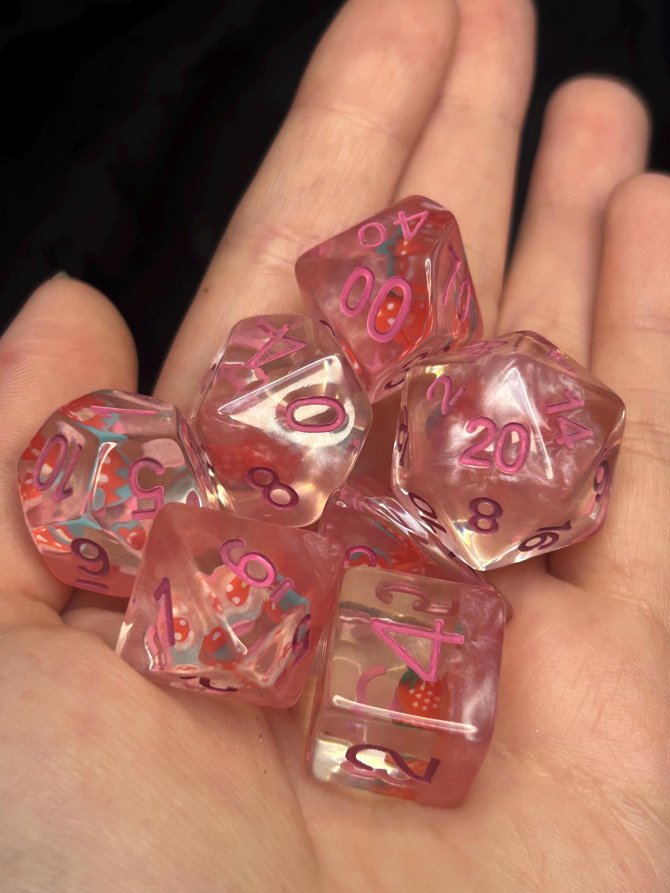 Strawberry Spellcake Dice Set | Pink Embedded Fruit Polyhedral RPG Dice