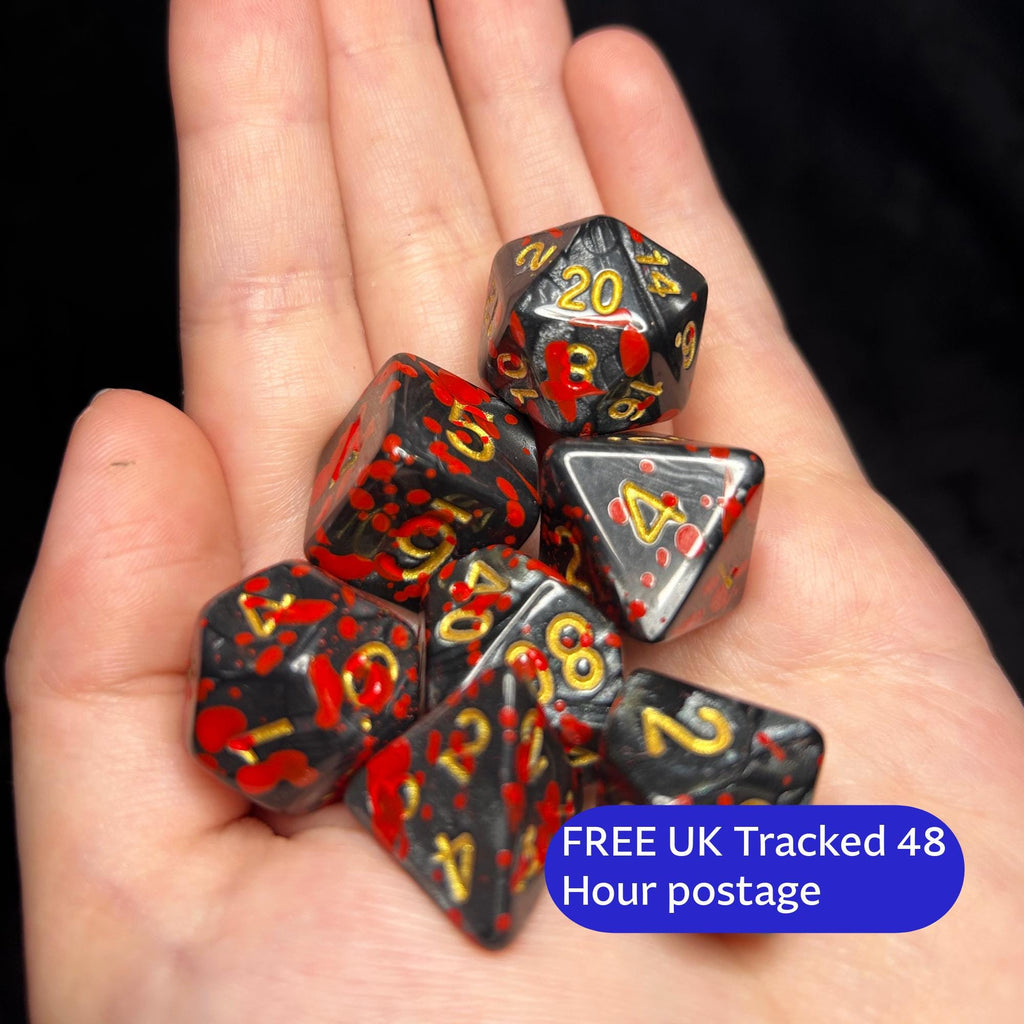 Bloodbound Curse | Black & Red Splatter DnD Dice Set | 7pc Gothic RPG Dice | Horror TTRPG Dice for Dungeons and Dragons, Vampire Campaigns