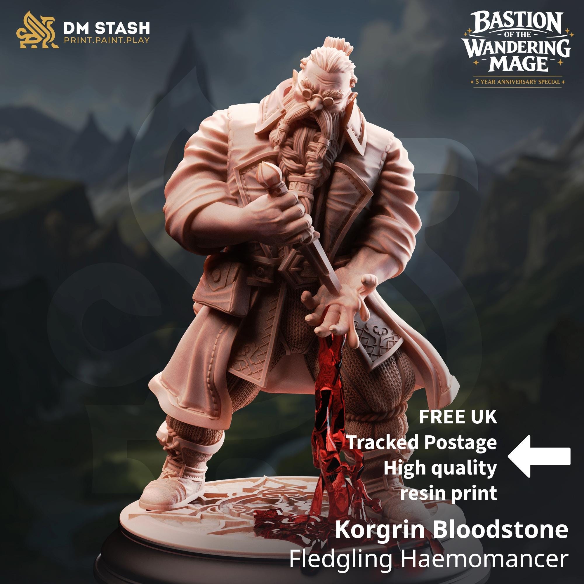 Korgrin Bloodstone Dwarf Mage DND Miniature | 32mm Resin RPG Figure Dungeons and Dragons