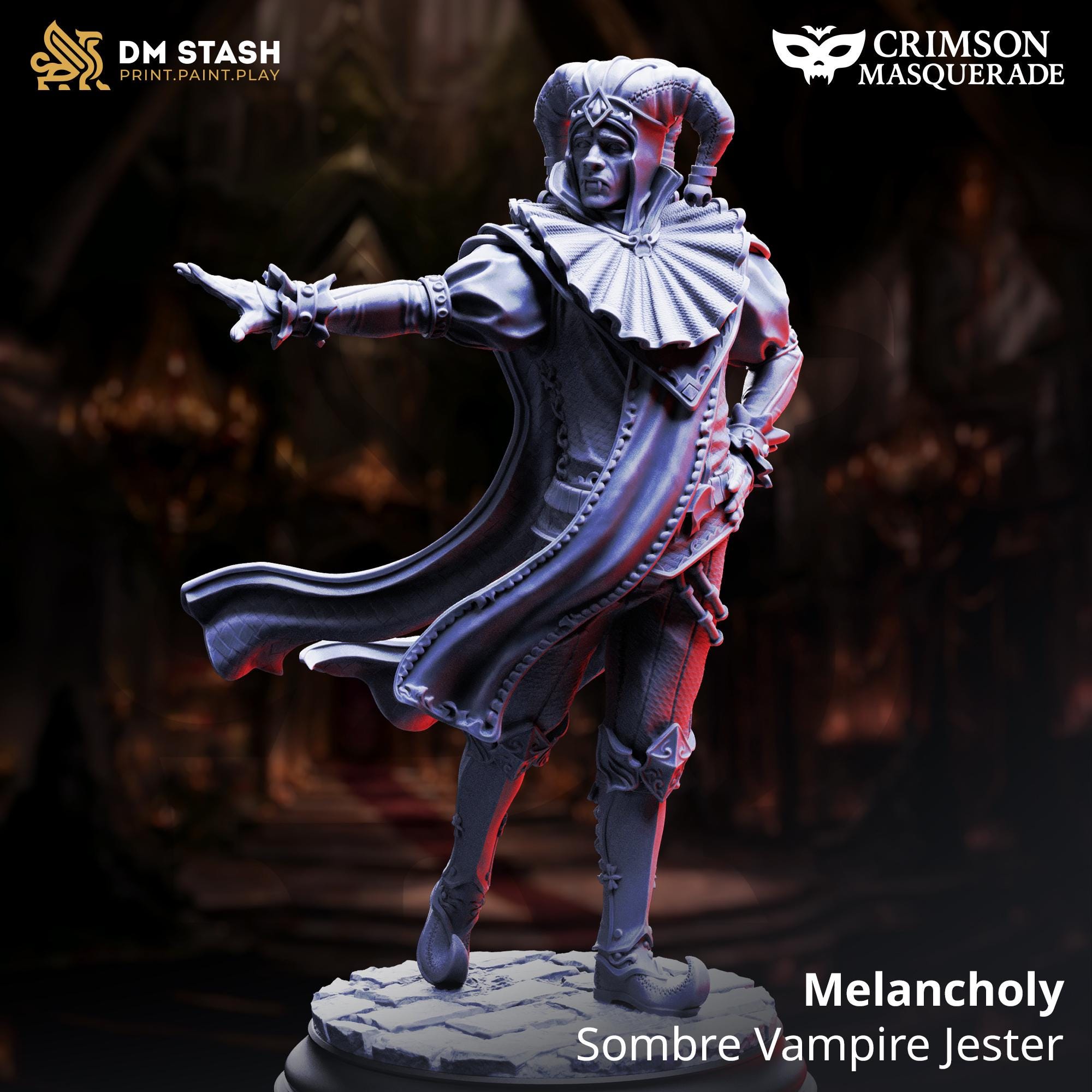 Melancholy Vampire Jester DND Miniature | 32mm Resin RPG Figure Dungeons and Dragons