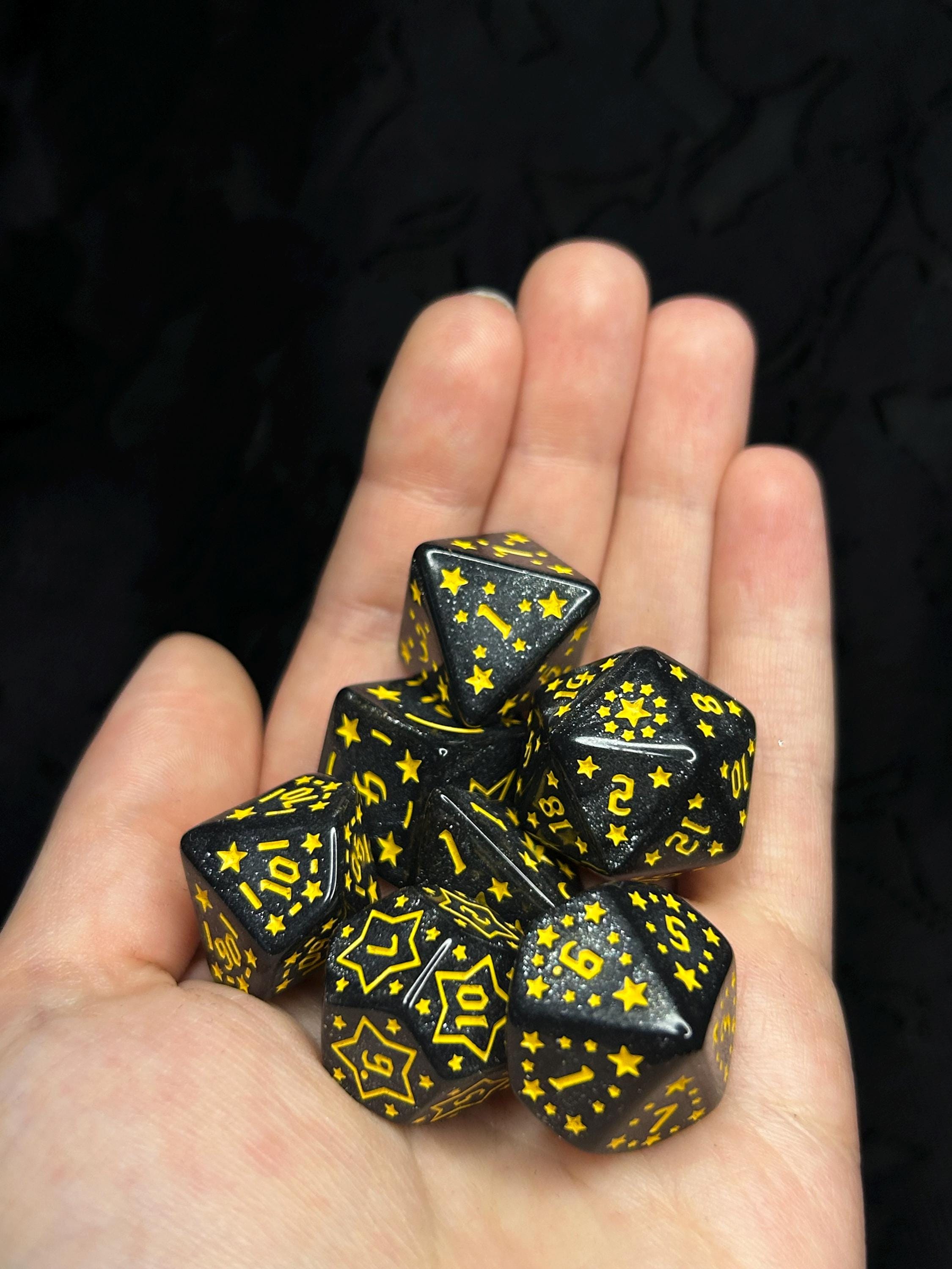 Starfall Coven | Black Star DnD Dice Set | 7pc Sparkle Dice for Dungeons and Dragons | Celestial TTRPG Dice | Wizard School Gift Set