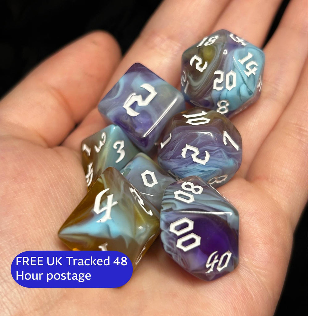 Stormseer’s Dream | Blue Purple Swirl DnD Dice Set | 7pc Cloudy Resin Dice for Dungeons and Dragons | Divination TTRPG Dice Gift