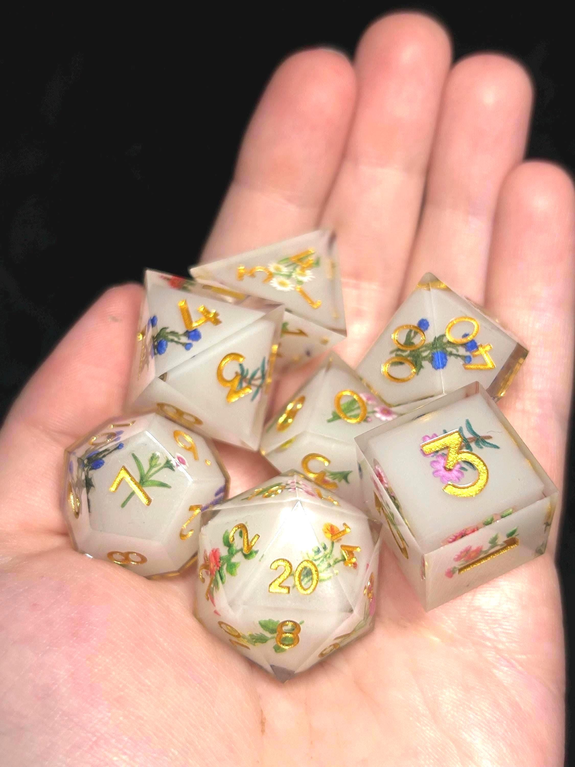 Meadowveil Bloom | Sharp Edge DnD Dice Set | Cottagecore Floral Resin Dice with Gold Ink | Luxury 7pc RPG Dice for D&D and TTRPGs