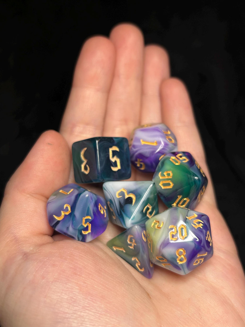 Twilight Tides | Purple Teal Swirl DnD Dice Set | 7pc Resin RPG Dice | Ocean Aurora Dice for Dungeons and Dragons, Pathfinder, TTRPG Gift