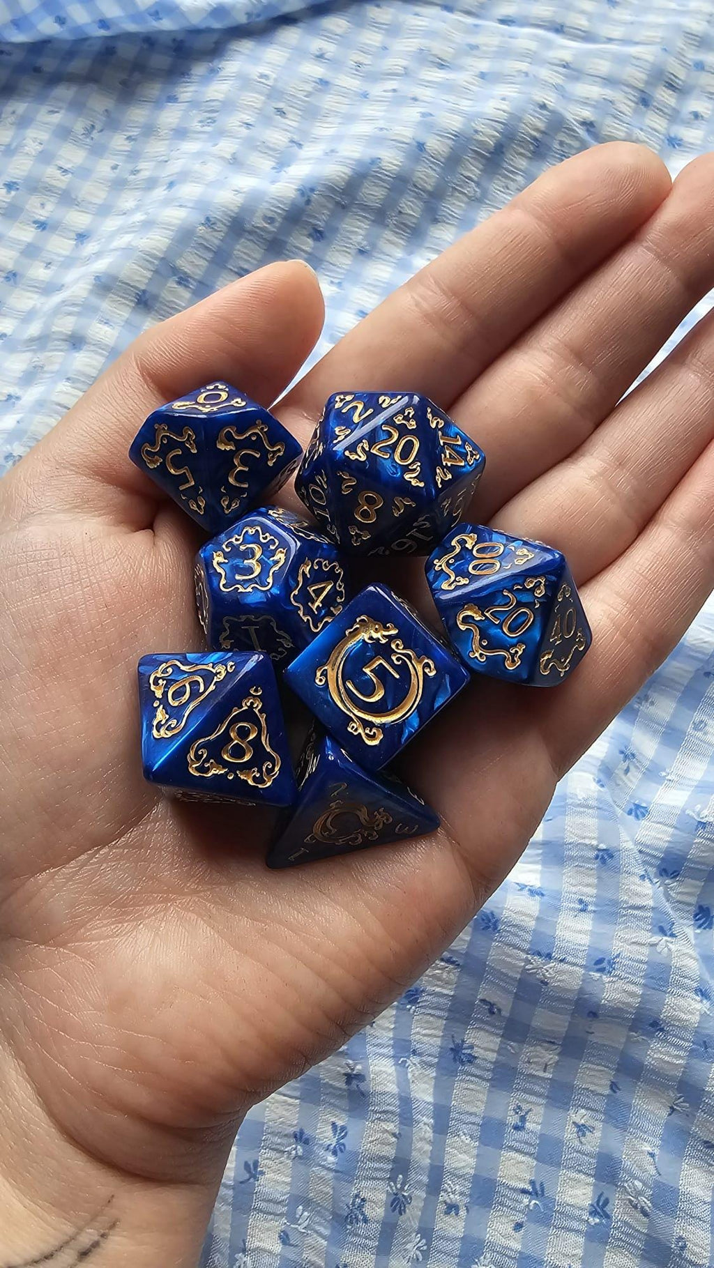 Sapphire Sigils Dice Set | Royal Blue Gold Ornate Acrylic RPG Dice