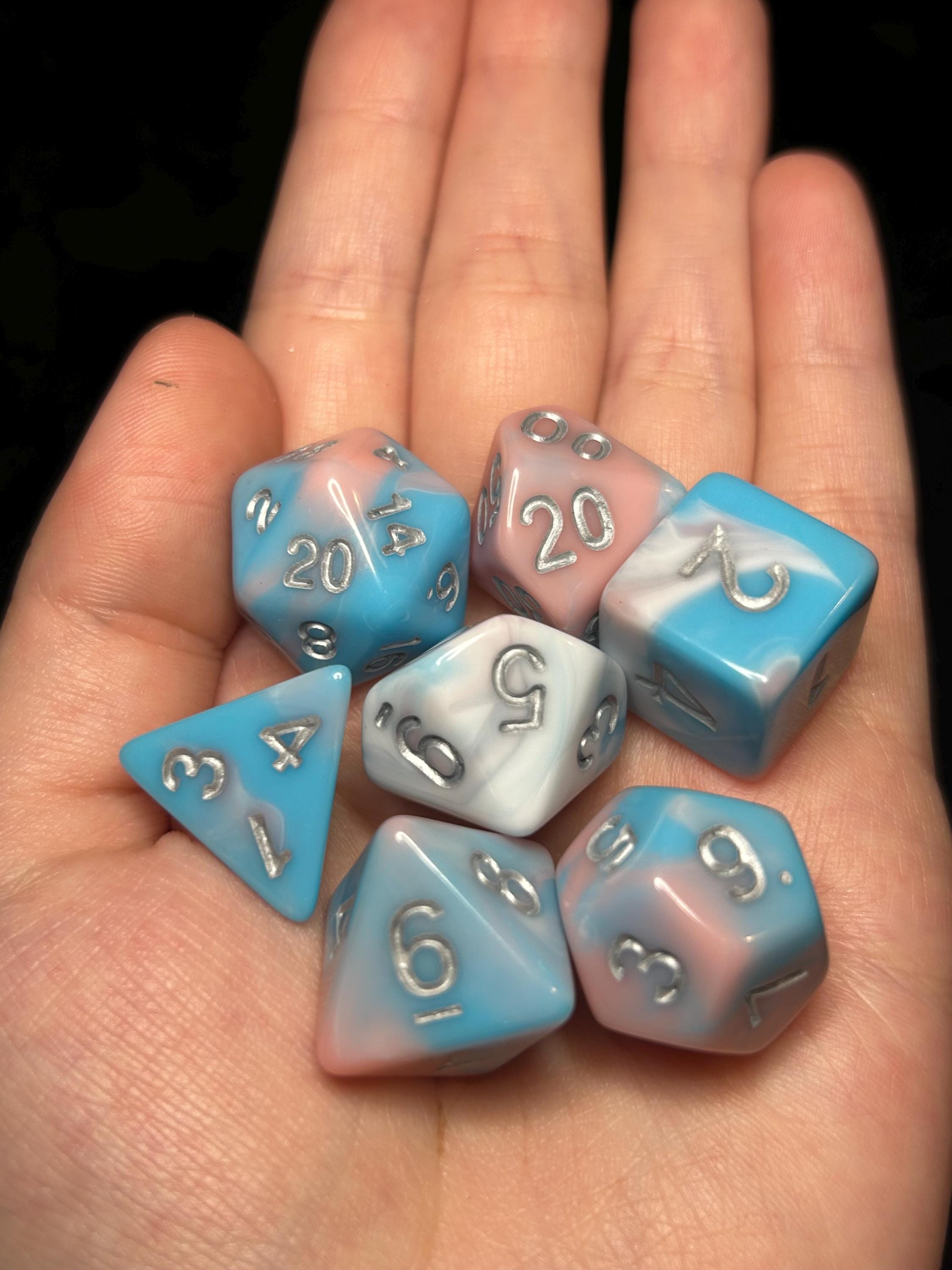 Divine Affirmation | Trans Pride Pastel DnD Dice Set | 7pc Pink Blue White Dice | Dungeons and Dragons TTRPG Gift Set