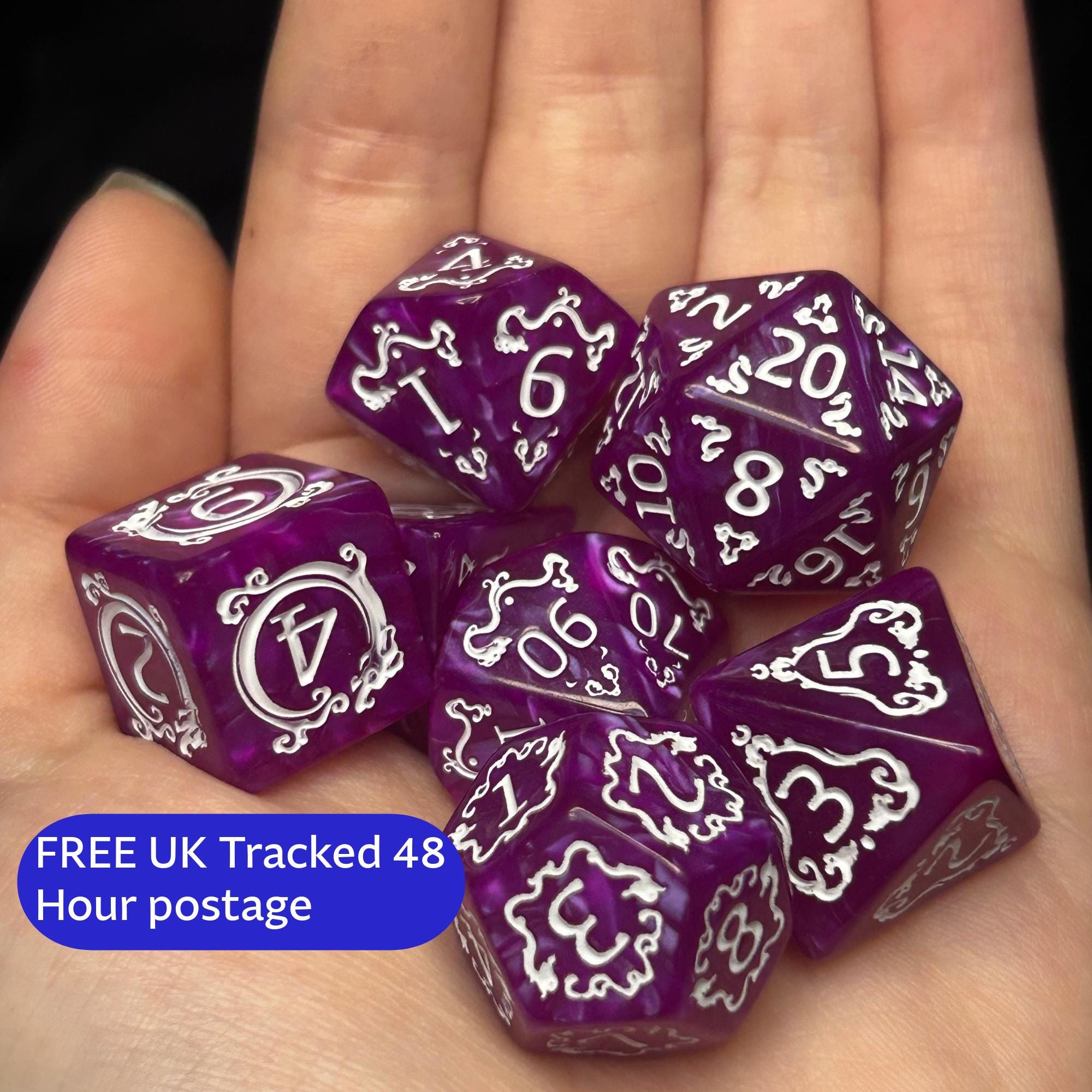 Amethyst Arcanum Polyhedral Dice Set – Purple Filigree RPG for D&D TTRPG