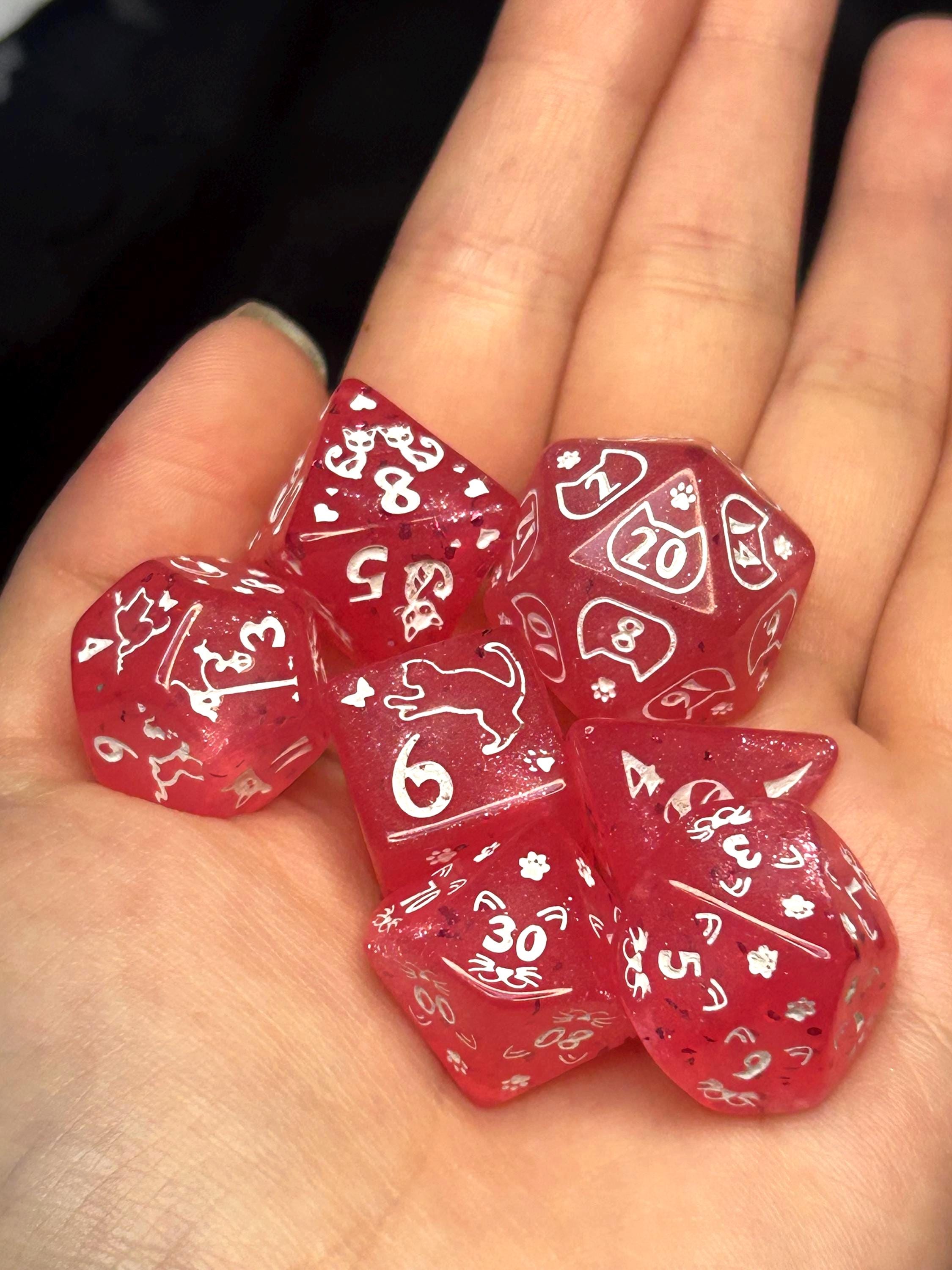 Rosepaw Familiar Pink Cat Dice Set | D&D RPG Polyhedral Dice, Paw Print Charm Meeples