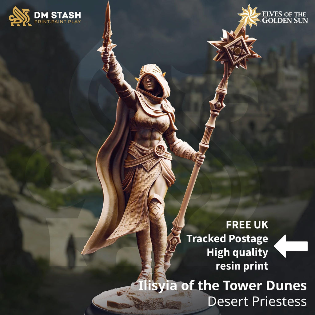 Illysia Of The Tower Dunes | Female Elf Mage Cleric Wizard | 32mm / 28mm / 75mm | Ideal for Tabletop RPGs | Dungeons and Dragons - Dm Stash