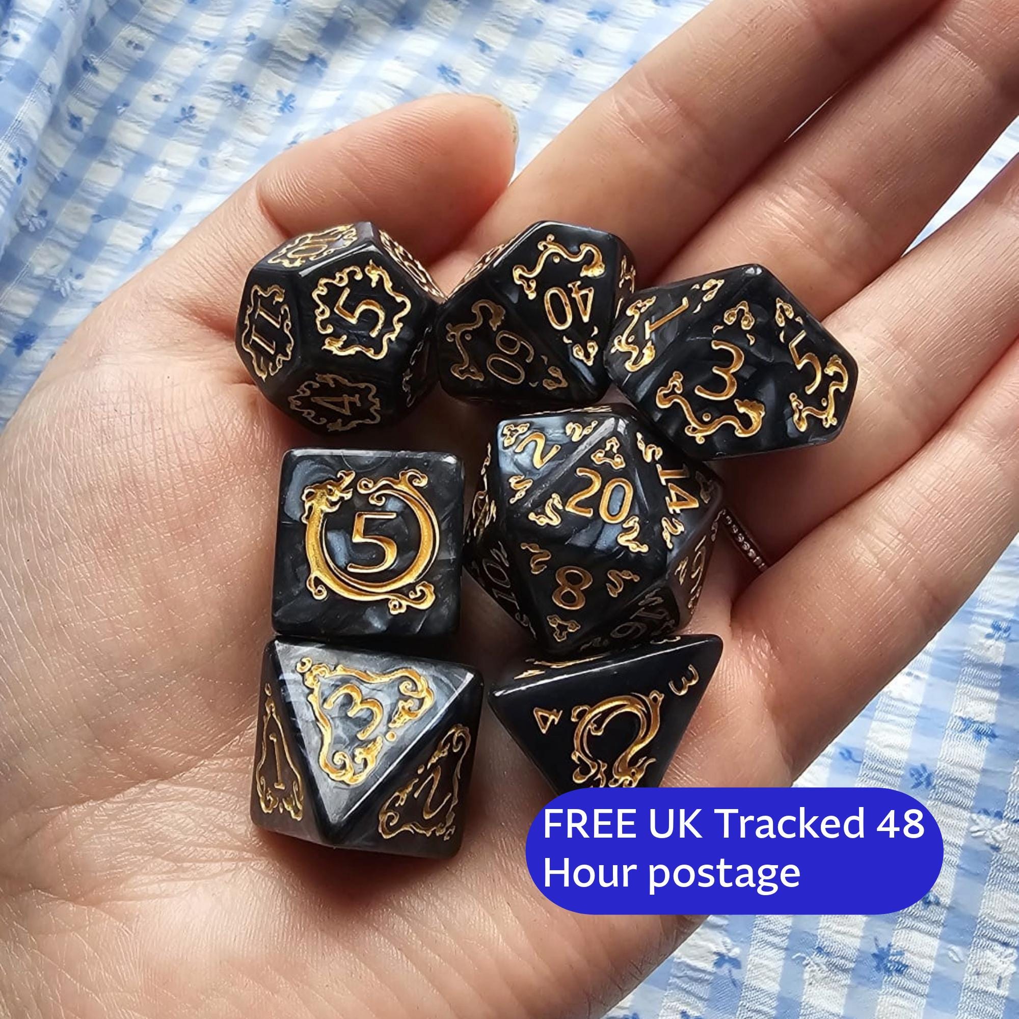 Obsidian Oaths D&D Dice Set | Black Gold Ornate RPG Dice (7pc)