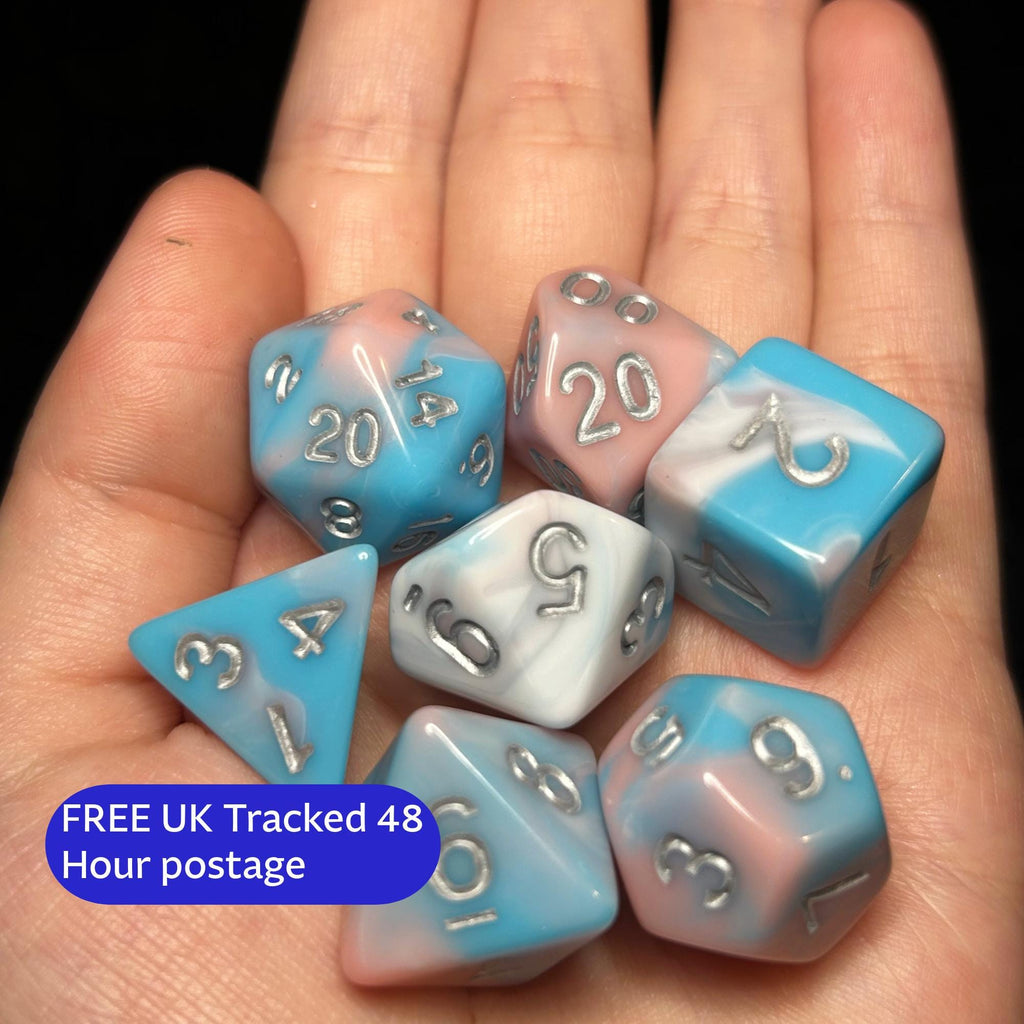 Divine Affirmation | Trans Pride Pastel DnD Dice Set | 7pc Pink Blue White Dice | Dungeons and Dragons TTRPG Gift Set