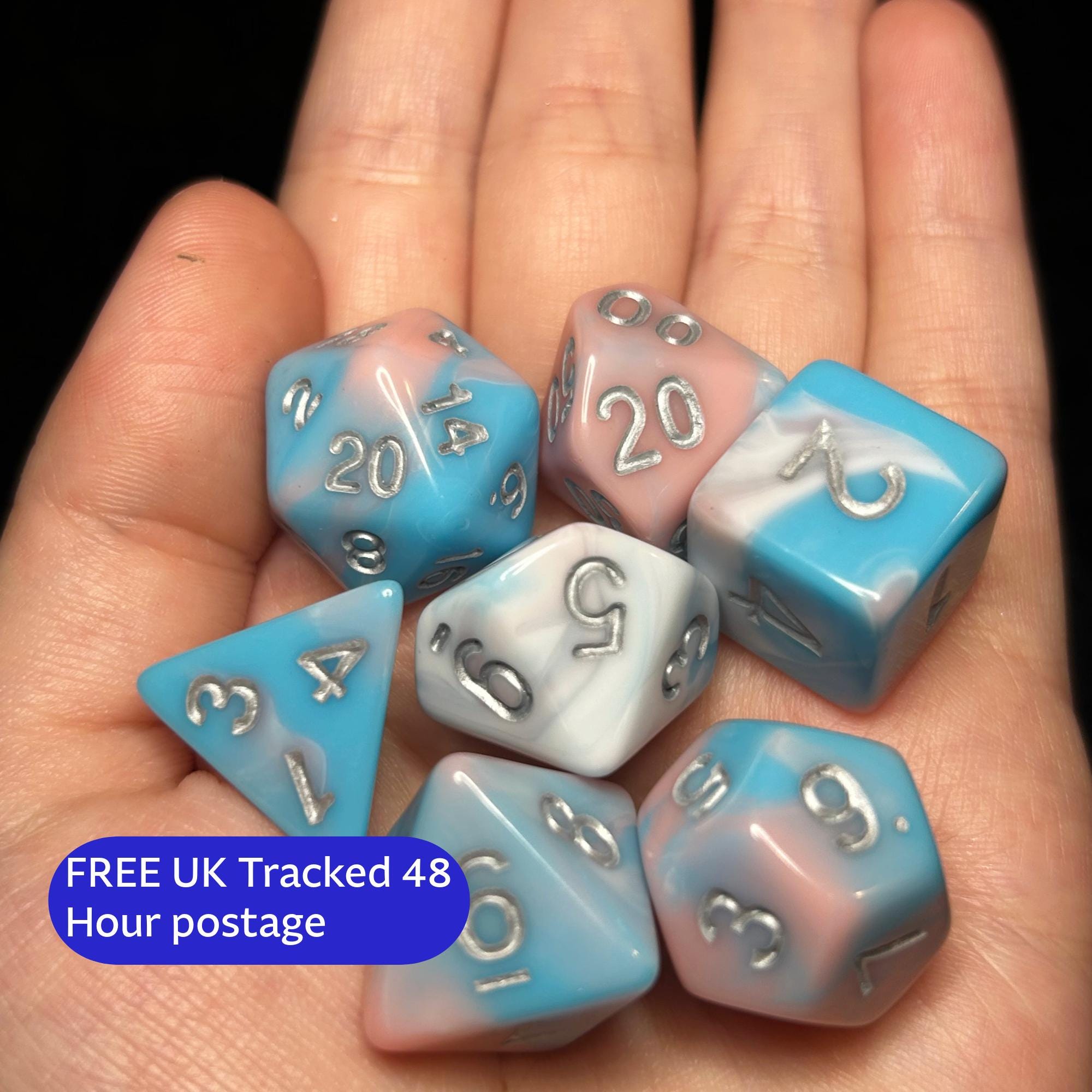 Divine Affirmation | Trans Pride Pastel DnD Dice Set | 7pc Pink Blue White Dice | Dungeons and Dragons TTRPG Gift Set