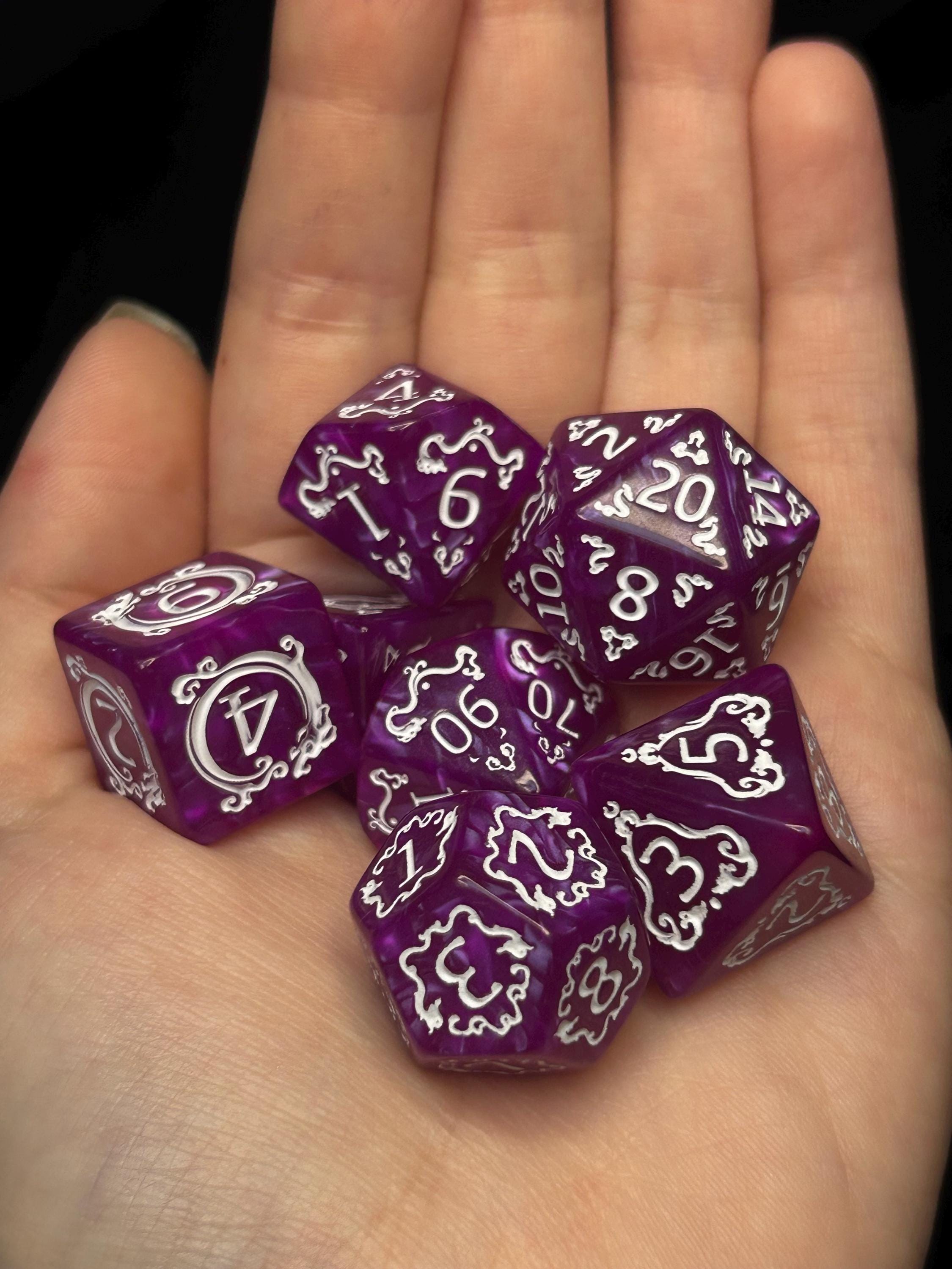 Amethyst Arcanum Polyhedral Dice Set – Purple Filigree RPG for D&D TTRPG