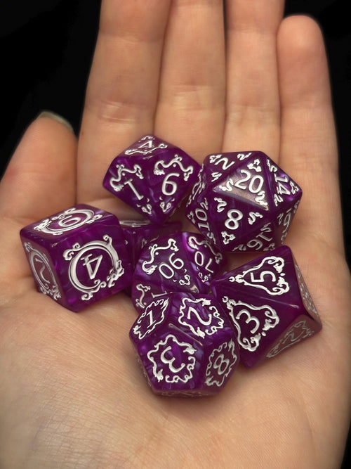 Amethyst Arcanum Polyhedral Dice Set – Purple Filigree RPG for D&D TTRPG