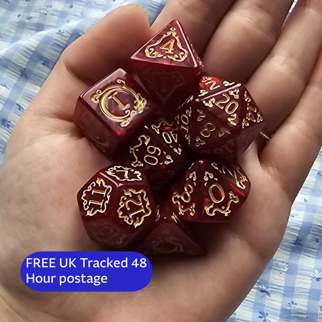 Crimson Court | Red & Gold DnD Dice Set | 7pc RPG Dice | Ornate Dice for Dungeons and Dragons, Pathfinder, TTRPG Gift