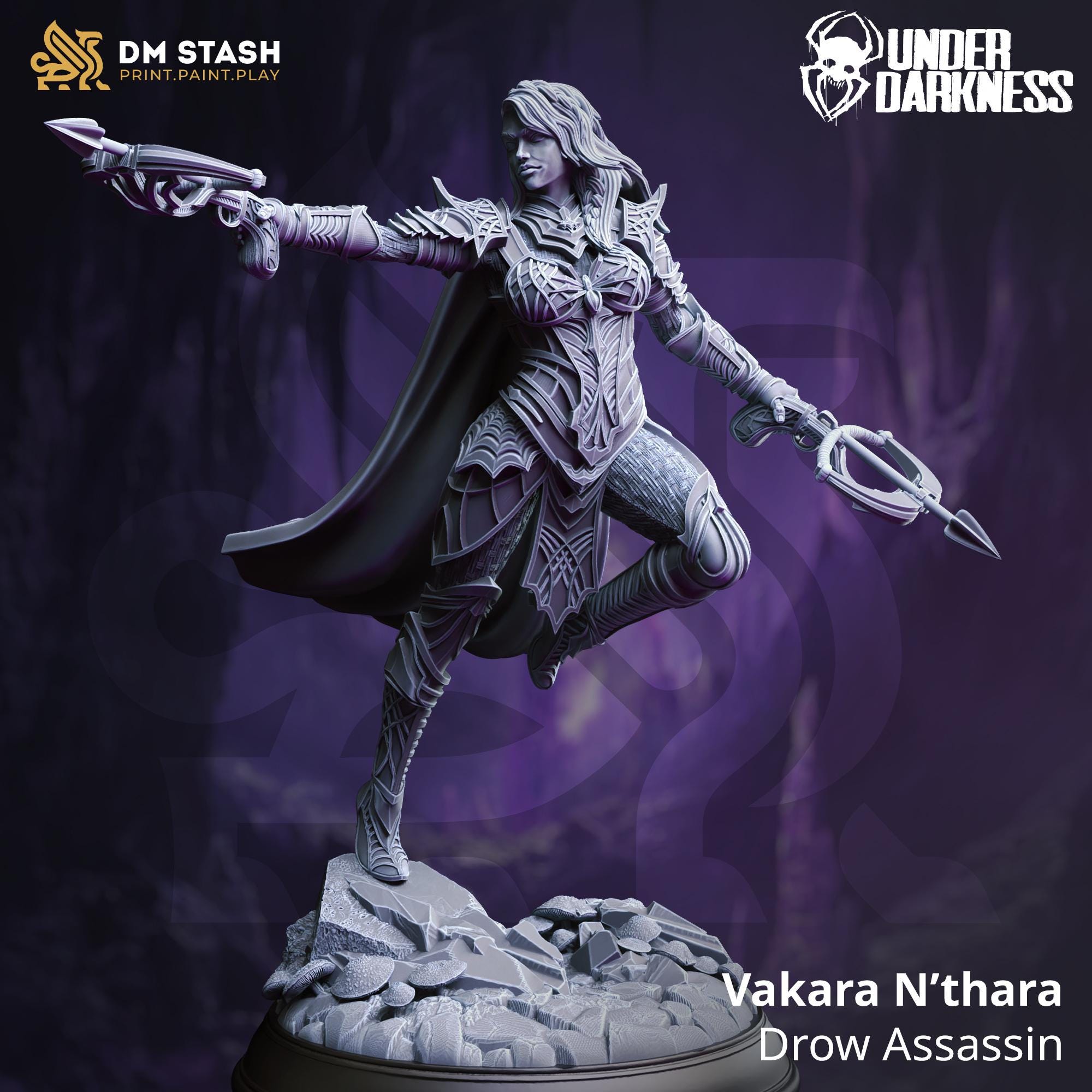 Vakara N'thara | Female Drow Dark Elf Assassin Rogue Ranger | 32mm / 28mm / 75mm | Ideal for Tabletop RPGs | Dungeons and Dragons - Dm Stash