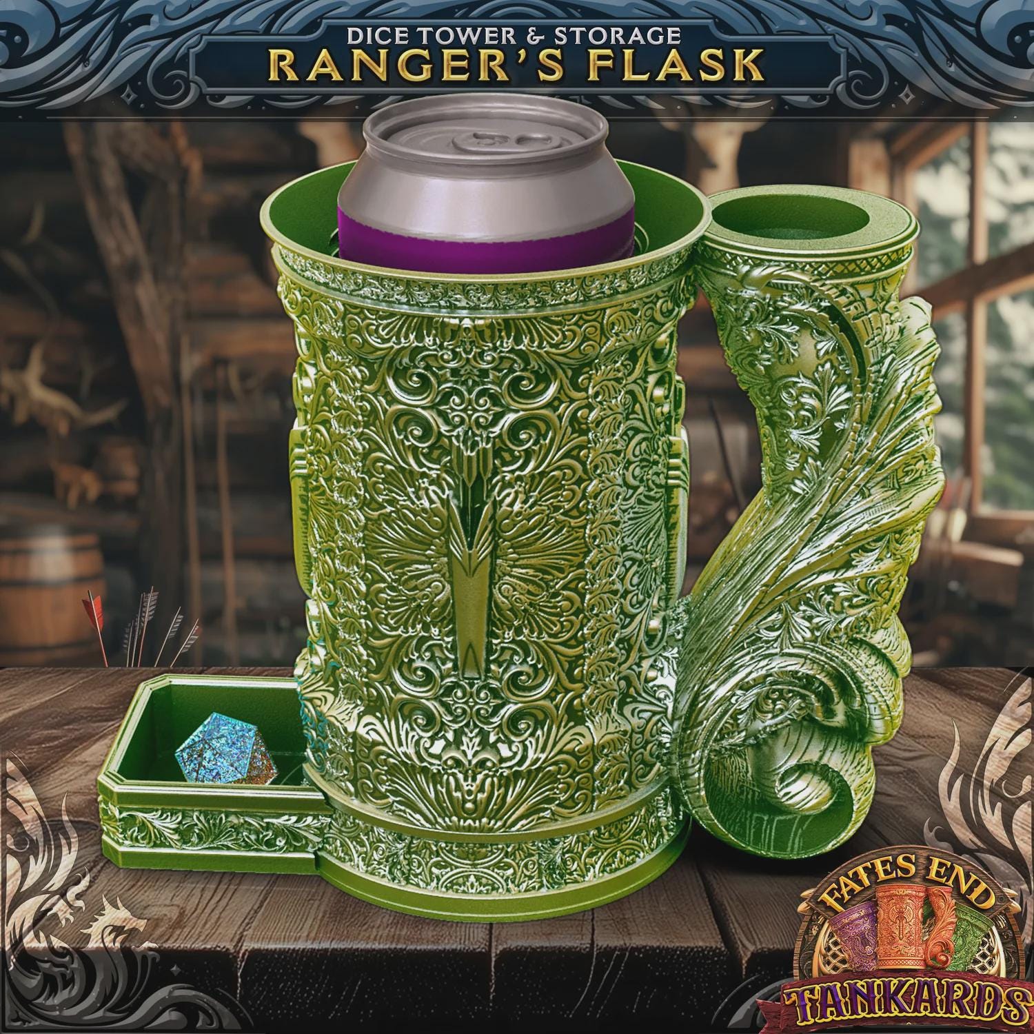 DND Ranger's Flask Dice Tower | Dice Storage Tankard + Drinks Holder | RPG Dice Vault | Gift for Dungeon Masters & Players