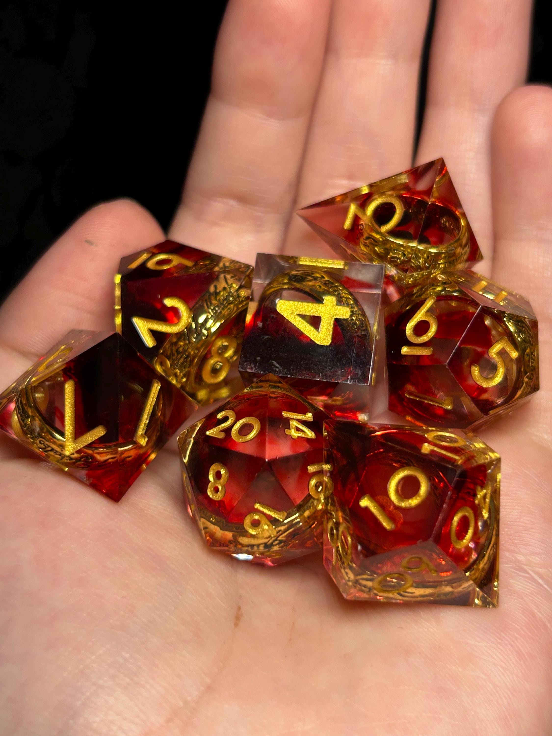 Emberbound Relic | Sharp Edge DnD Dice Set | Dark Fantasy Ring Inclusion Resin Dice with Gold Ink | Luxury 7pc RPG Dice for D&D and TTRPGs