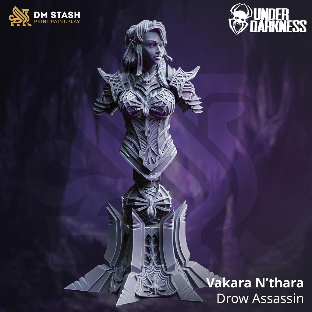 Vakara N'thara | Female Drow Dark Elf Assassin Rogue BUST | 32mm / 28mm / 75mm | Ideal for Tabletop RPGs | Dungeons and Dragons - Dm Stash